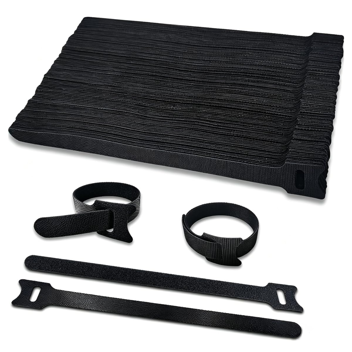 100 pcs Reusable Cable Ties, 200 x 12 mm Black Reusable Fastening Cable Straps, Hook and Loop Securing Strap for Home Office, Office and Garden