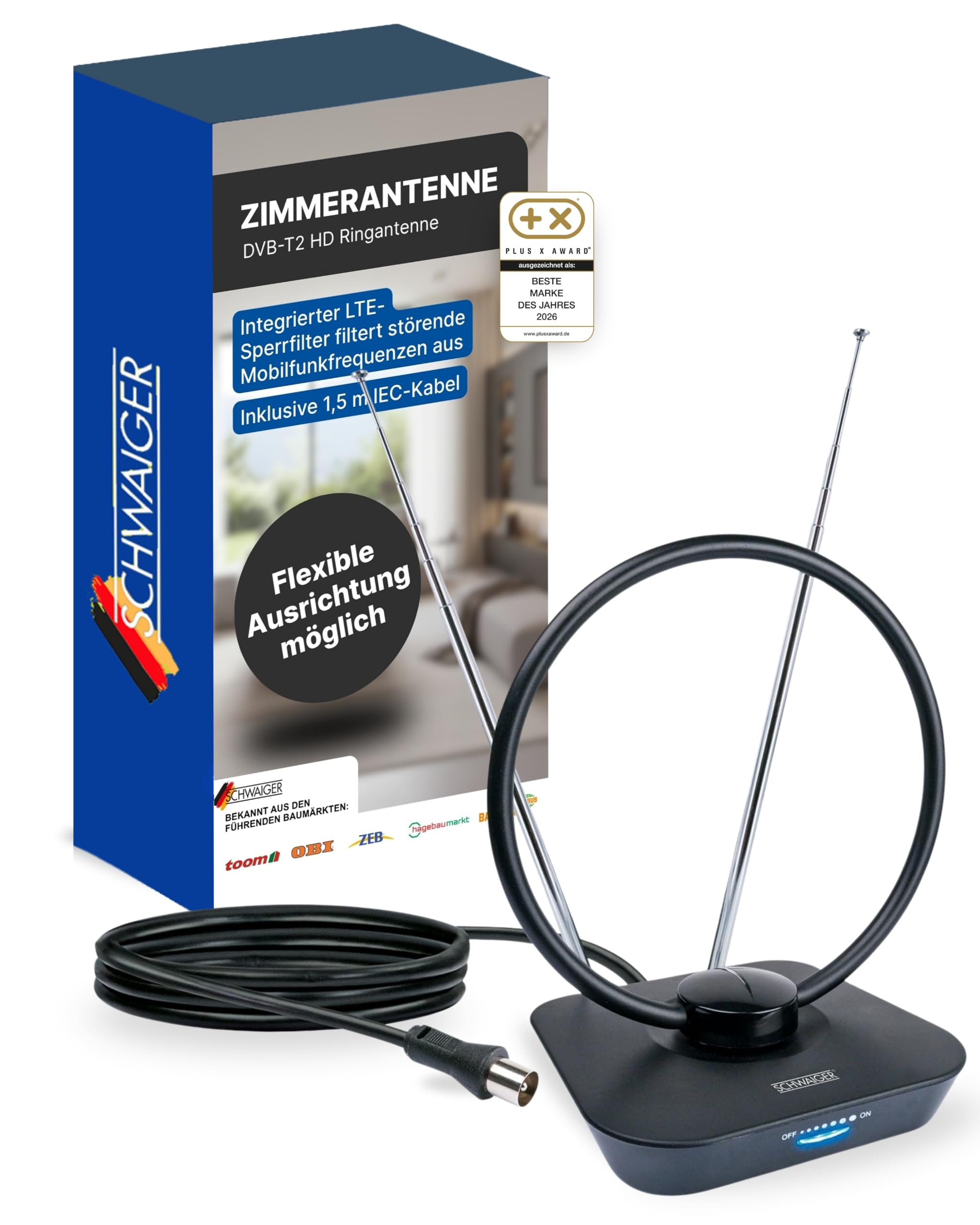 SCHWAIGER DVB-T2 Zimmerantenne aktiv I 36 dB TV-Antenne mit Verstärker regelbar & LTE-Filter I DVB-T2 HD Ringantenne für Fernseher I DAB+ Radio Innenantenne mit Teleskop-Stäben
