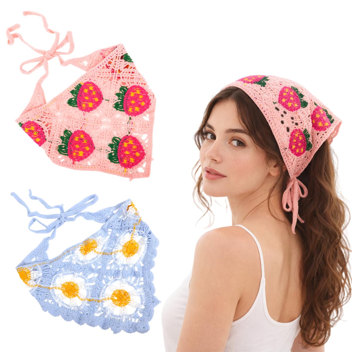 2Pcs Floral Triangle Head Scarf Set for Women, Sweetly Stylish Daisy & Strawberry Print Tie Head Scarves Cottagecore Hair Accessories Vintage Boho Hair Pieces-image-32
