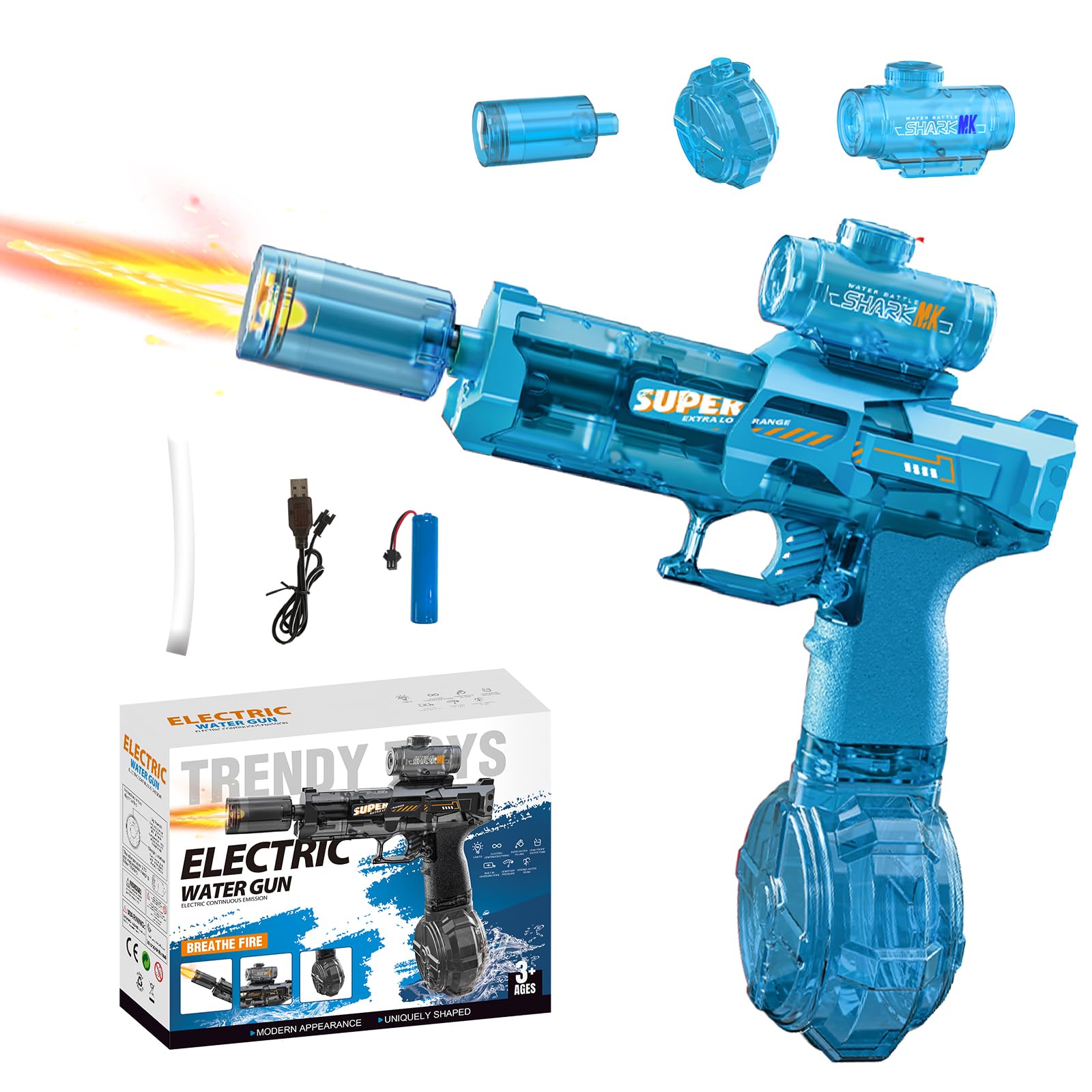 320ml Electric Water Guns, Water Pistol with Muzzle Flash, USB Rechargeable Water Gun Toys, Range 22-26 FT, Full Automatic Electric Squirt Gun for Adults Kids, Summer Beach Pool Party Game (blue)