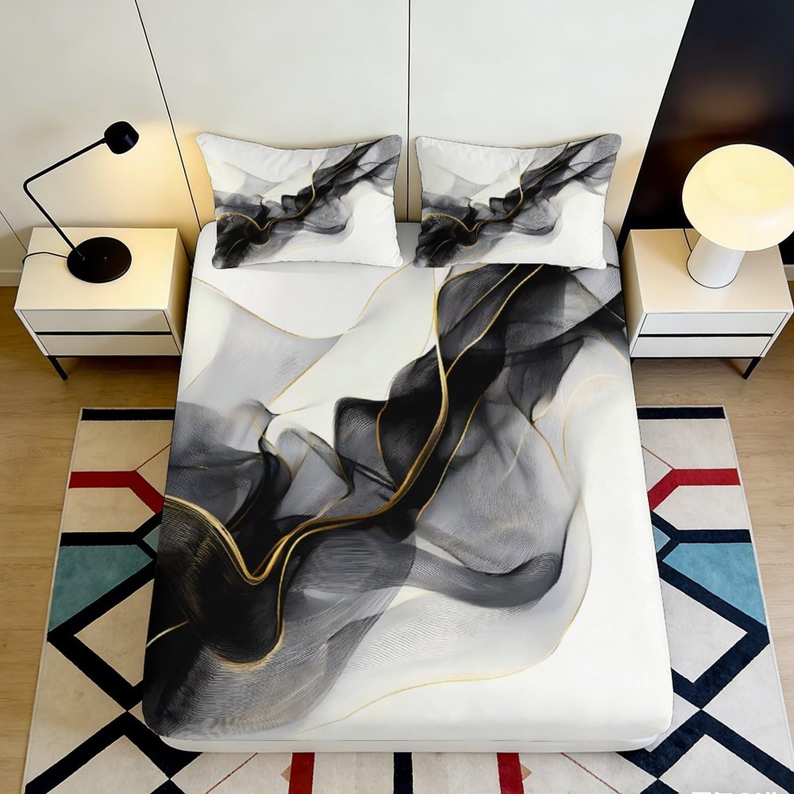 3D Printed Abstract Smoke Fitted Sheet Microfiber Soft Black Gold Wave Mattress Cover for Bedroom Guest Room Decor 90x200x25cm