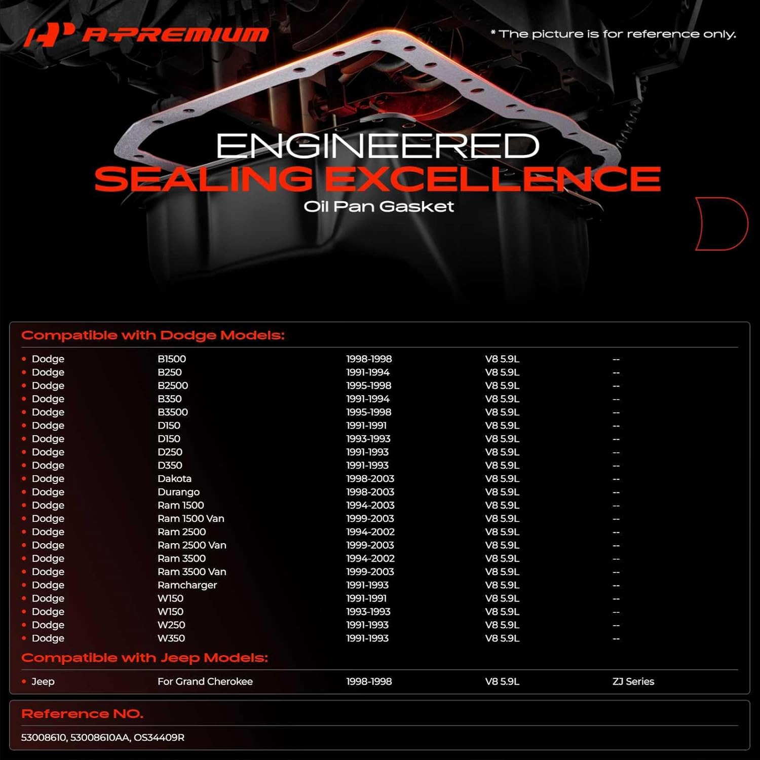 A-Premium 5.9L Engine Oil Pan Gasket Set, Compatible with Jeep Grand Cherokee & Dodge Ram 1500, Ram 2500 3500 Van, Durango, Dakota, B1500, B250, B3500, D150, D350, Ramcharger, W150, W250