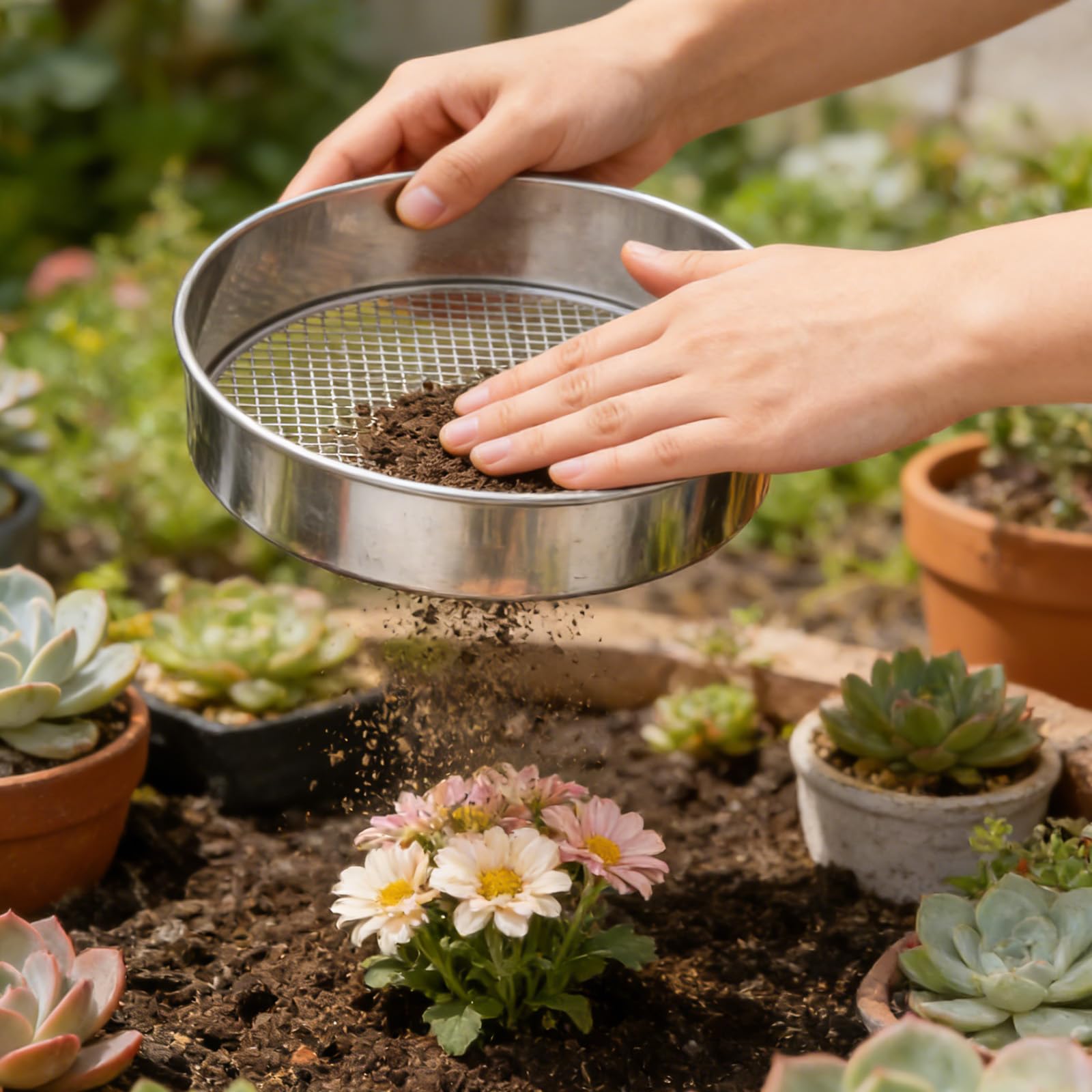 Colino da giardino rotondo 5 in 1 in acciaio inox, colino per compost multiuso, rotondo, per giardinaggio, 5 inserti intercambiabili (1/3/6/9/12 mm), con paletta in acciaio inox e tappetino giallo