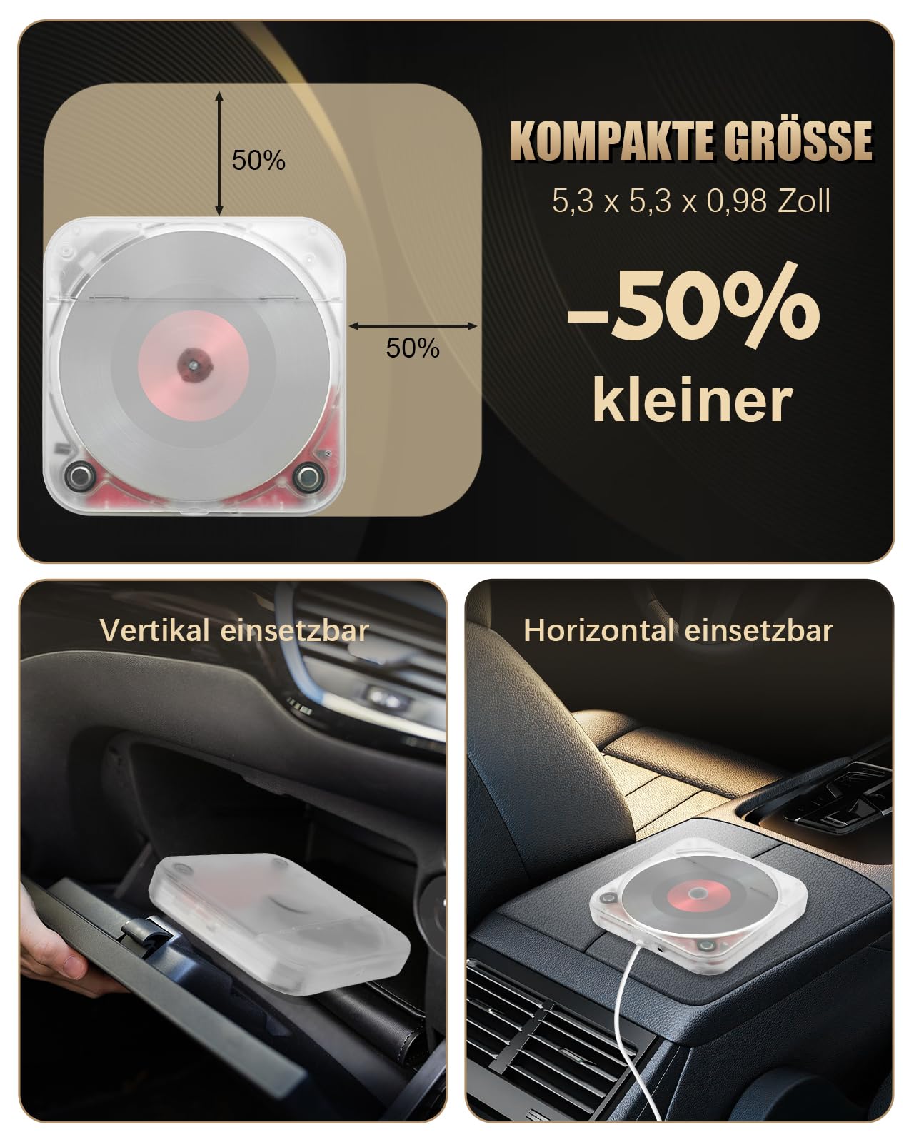 Auto CD Player mit USB-Anschluss, Universal Extern CD Player für Auto PKW LKW, Extra 1M USB-Verlängerungskabel, Externes CD Laufwerk für Laptop, PC, Fernseher, kompatibel mit Android Autoradio