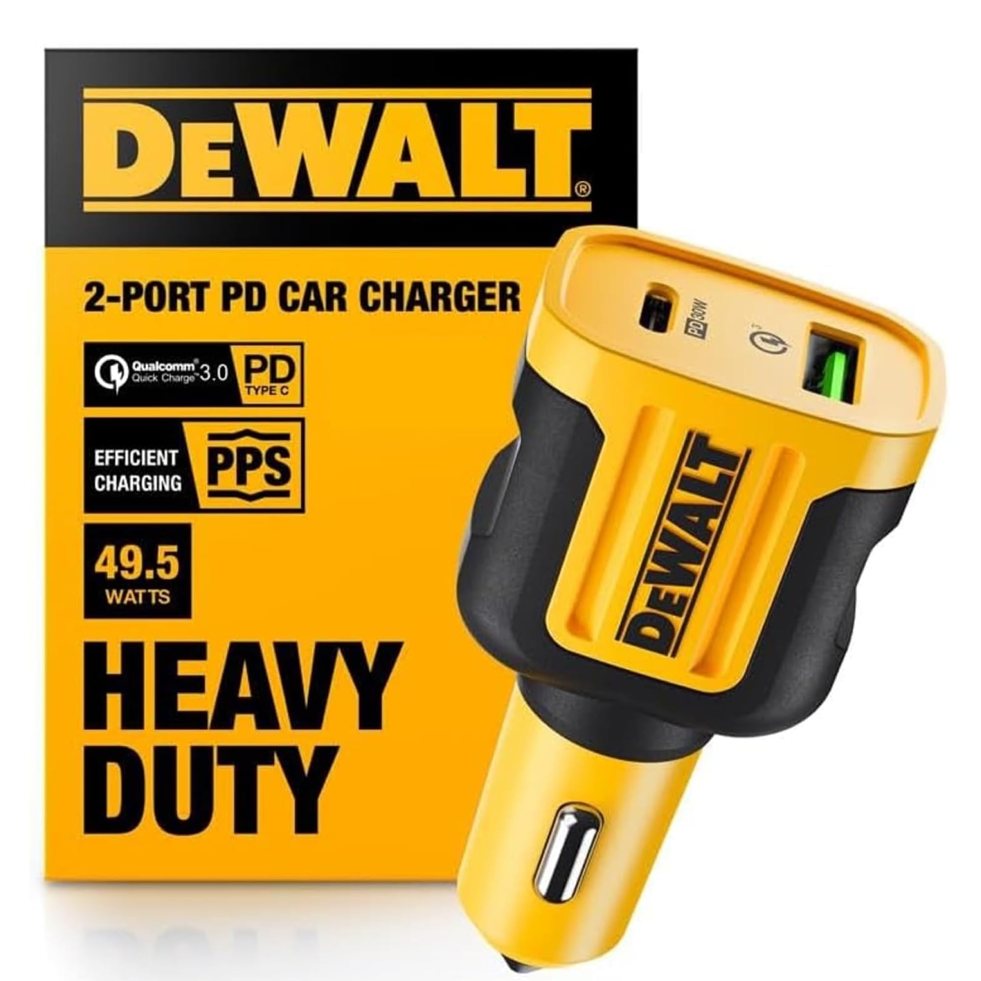 DEWALT Adaptador de cargador de coche USB + USB C, cargador USB para encendedor de cigarrillos de 49.5 W, cargador de coche PD PPS de 30 W, carga rápida 3.0 para iPhone 15/15 Plus/15 Pro/15 Pro Max,