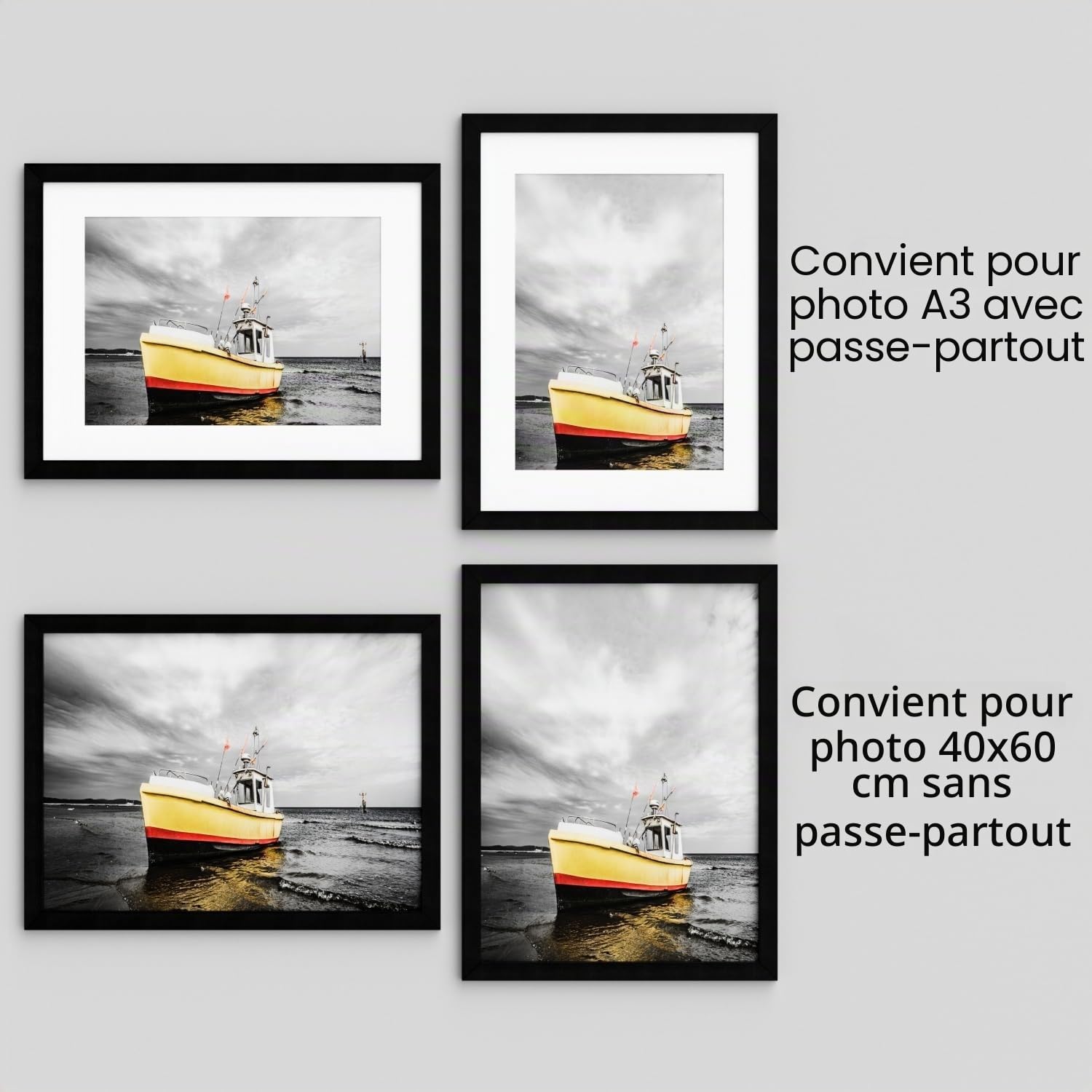 Lot de 2 cadres photo 40 x 60 cm avec passe-partout A3, cadre photo noir avec façade en plexiglas sûr