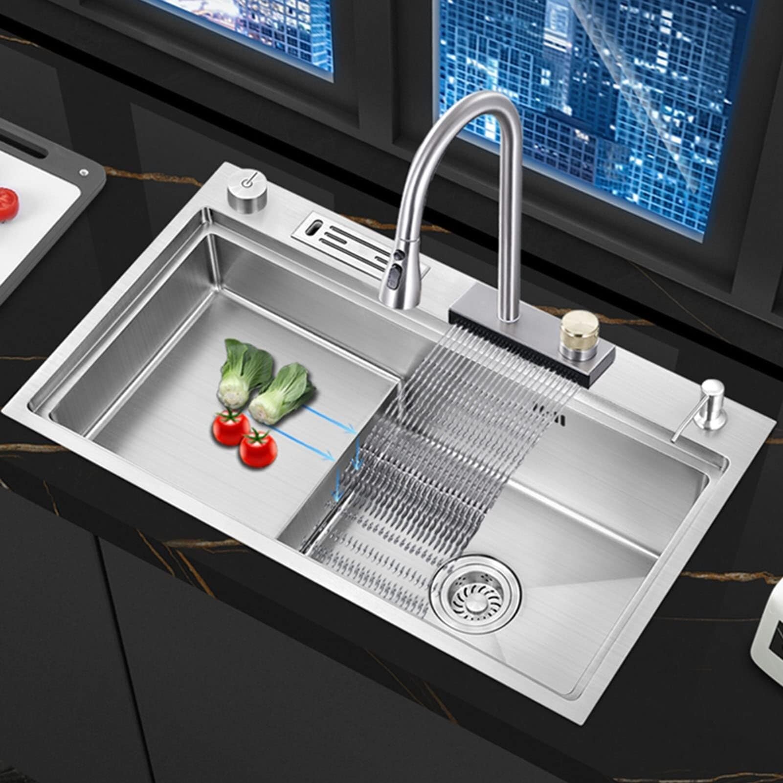 WBJGUOD Stainless Steel Waterfall Kitchen Sink - Single Bowl Drop-in or Undermount for Courtyard & Office, Includes Faucet Drain Strainer(Silver,75X45Cm)