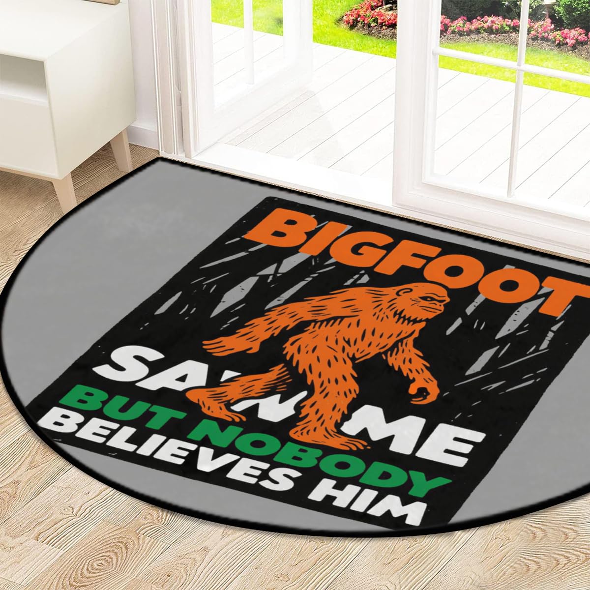 Bigfoot Sasquatch Saw Me große halbrunde Fußmatte – rutschfest, saugfähig, halbrund, Eingangsbereich, niedlich, weich, halbrund, waschbar, Teppich für Küche, Badezimmer, Schlafzimmer, 160 x