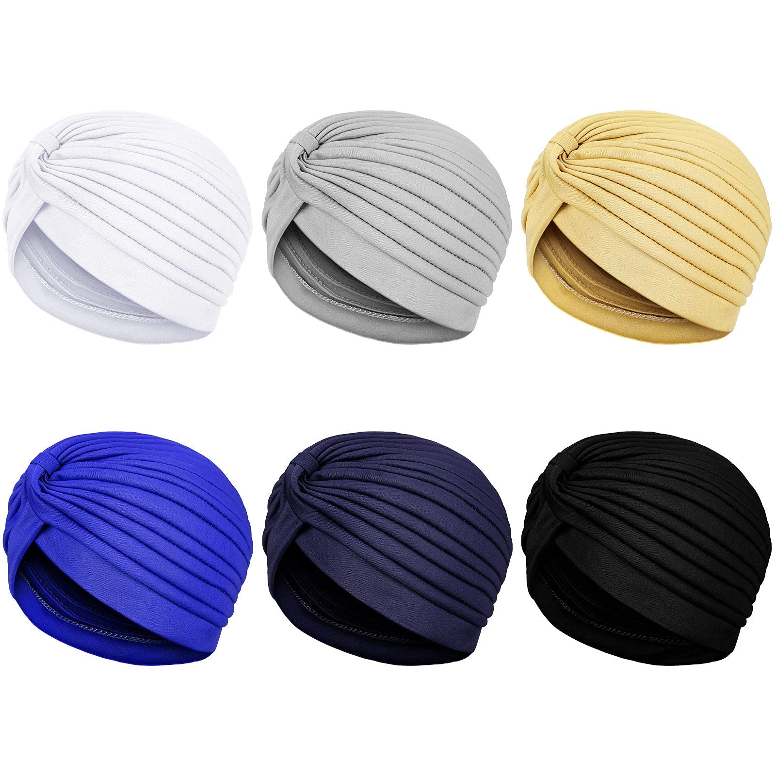 Turbans for Women Stretch Slouchy Head Beanie Cover Pre-Tied Knot Twisted Pleated Headwrap Nightcap, Assorted Colors