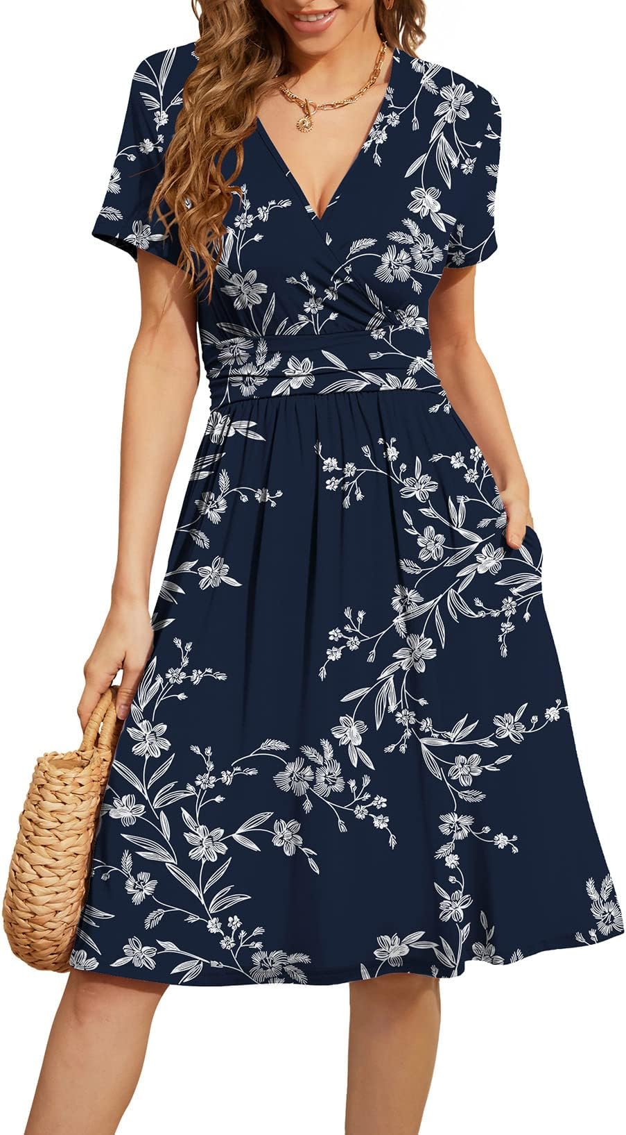 WEACZZY Women Summer Casual Short Sleeve Dresses Empire Waist Dress with Pockets,Floral White Navy,S