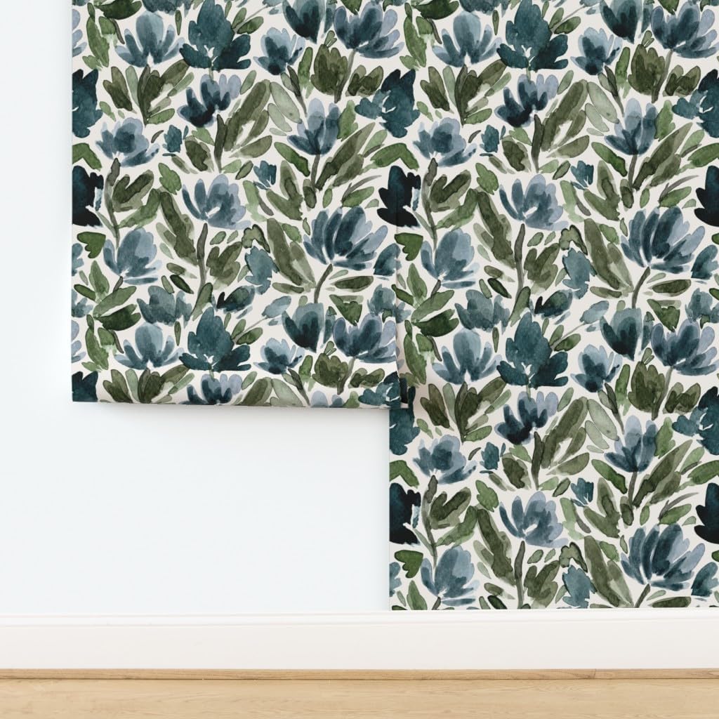 Removable Wallpaper Swatch - Watercolor Florals Tulips Flower Blue Indigo Green White Custom Pre-Pasted Wallpaper by Spoonflower