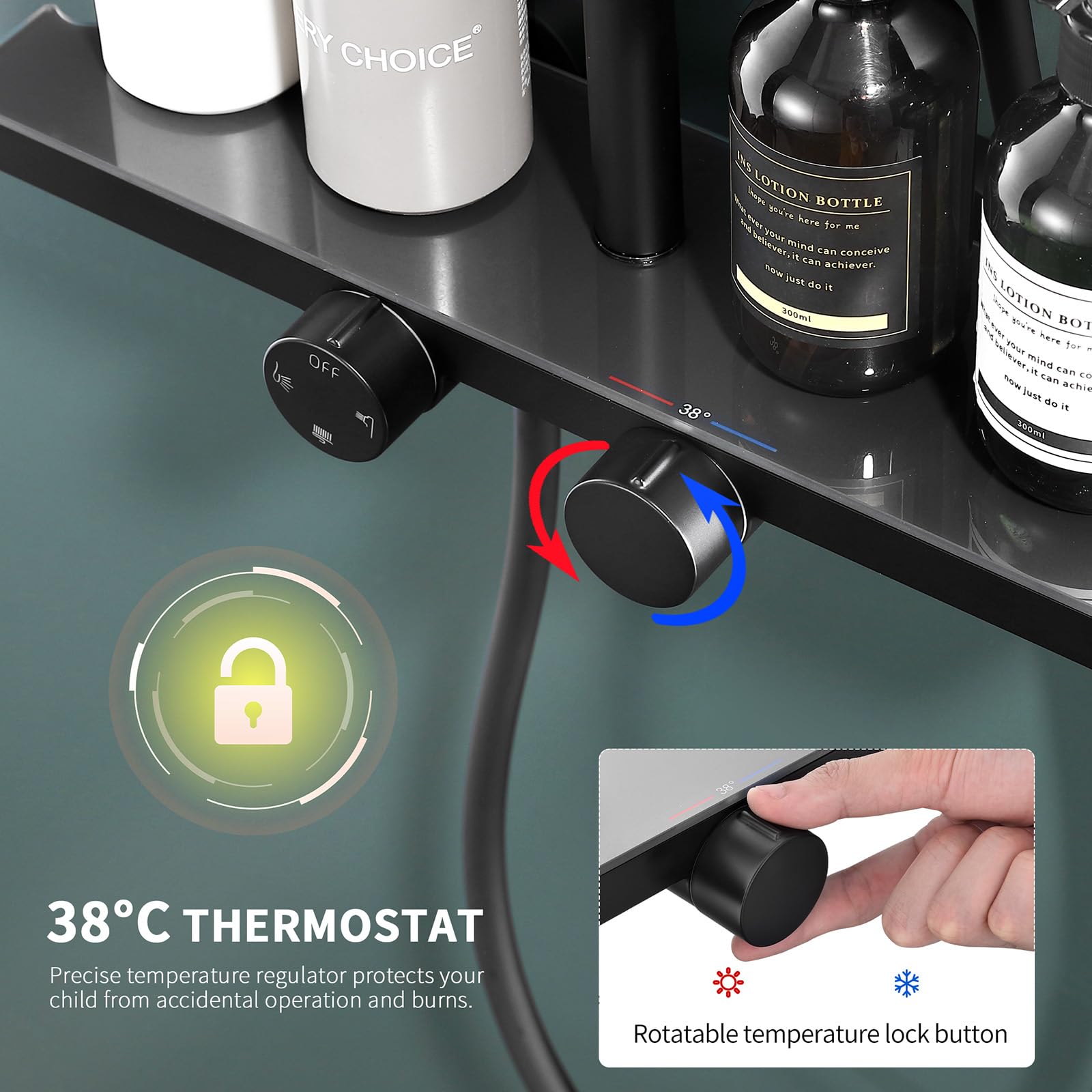 HOMELODY System prysznicowy z termostatem i szklaną półką w kolorze czarnym – armatura prysznicowa kompletny zestaw z 30 cm, słuchawką prysznicową 3 rodzajami strumienia i dolną wylewką – zestaw
