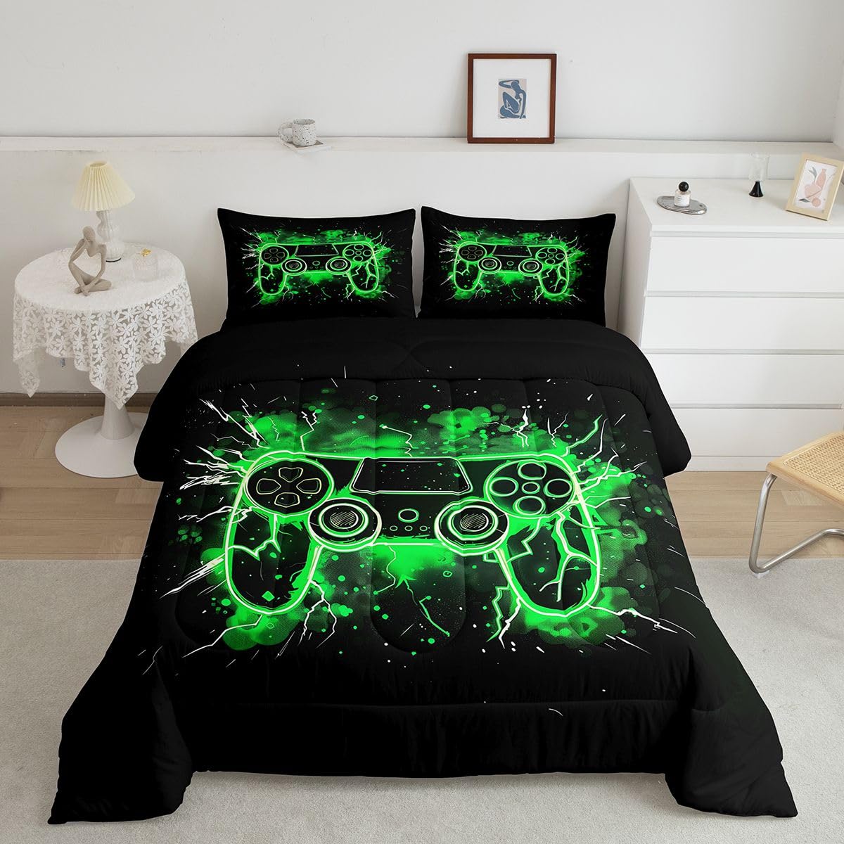 Homemissing Gamer kołdra zestaw pościeli do gier dla dzieci chłopców dziewcząt nastolatków wystrój pokoju gier wystrój king size nowoczesna konsola do gier kontroler zielony 3 szt. oddychająca miękka