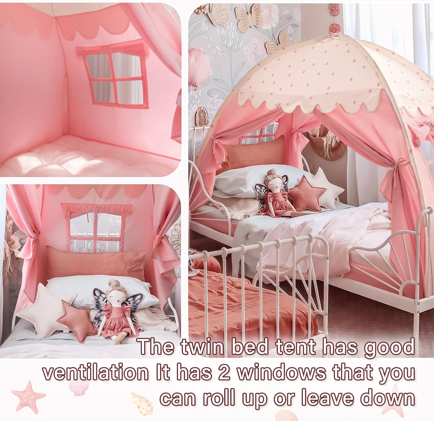 Sherilyn Twin Bed Canopy Tent Toddler, Kids Bed Canopy Indoor on Bed Privacy Space Playhouse Sleeping Blackout Twin Size Tents Bunk Bed Tent for Girl Birthday House Gift, Pink Polka Dot