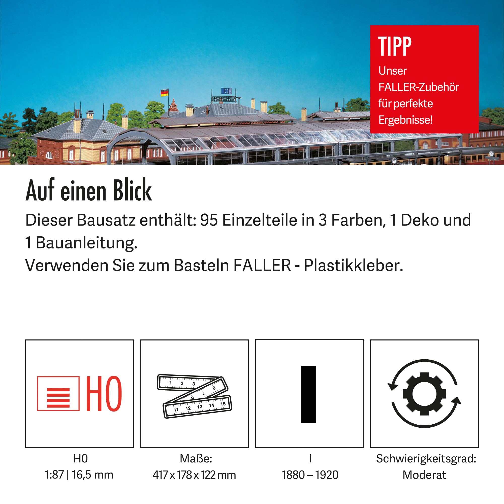 FALLER Bahnhofshalle Modellbausatz mit 95 Einzelteilen 417 x 178 x 122 mm I Modelleisenbahn Zubehör H0 Gebäude I Modelleisenbahn H0 Bahnhofshalle, Divers
