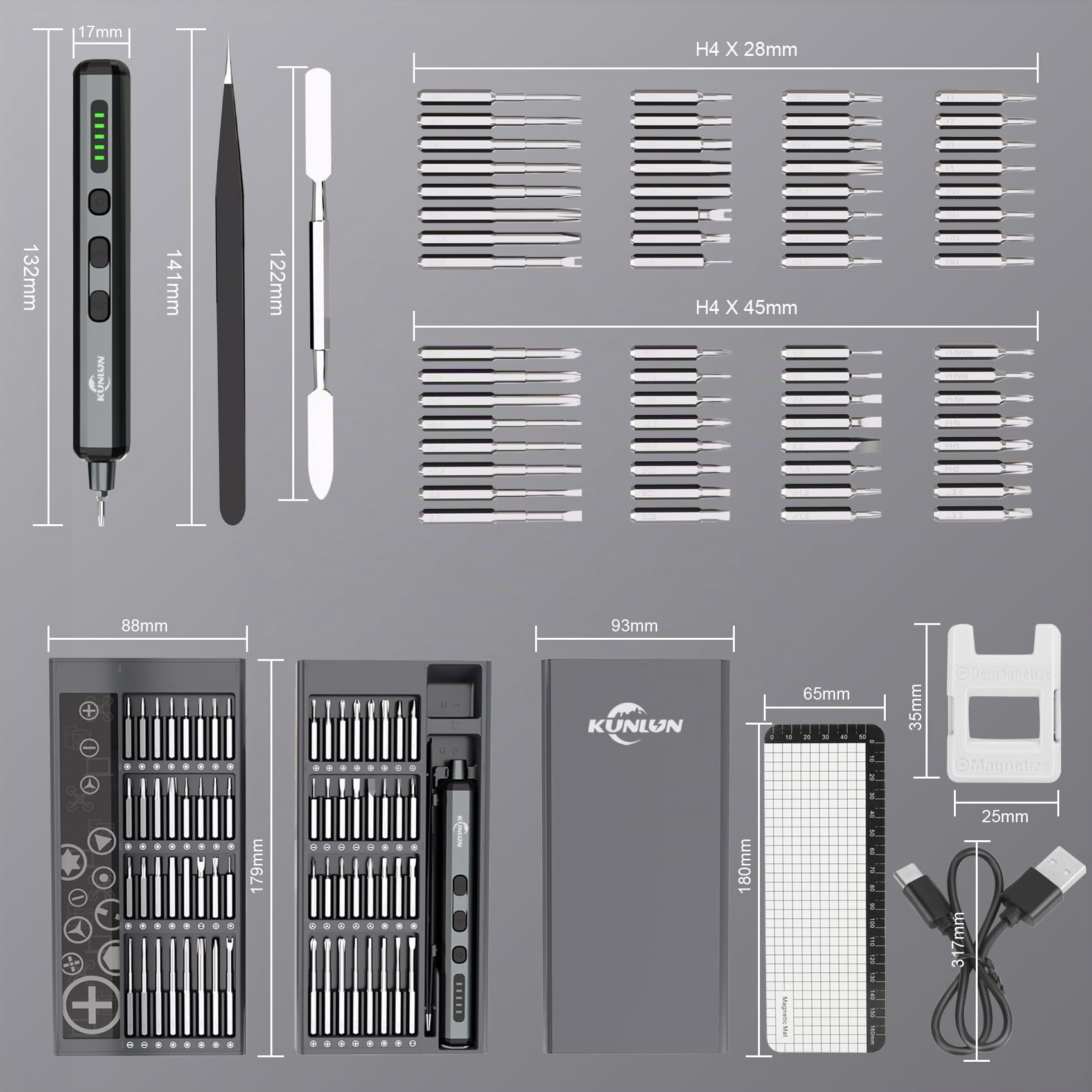 KUNLUN Mini Tournevis Electrique Sans Fil 68 en 1 Précision Tournevi avec LED Réglage Couple à 5 Vitesses 64 Embout de Tournevis pour Téléphone, Montres, Appareil Photo, PC, Electronique