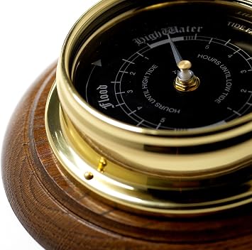 Handmade Prestige Brass Tide Clock with Jet Black Dial on Solid English Oak Mount - Elegant Wall Decor for Coastal Living, Nautical Enthusiasts