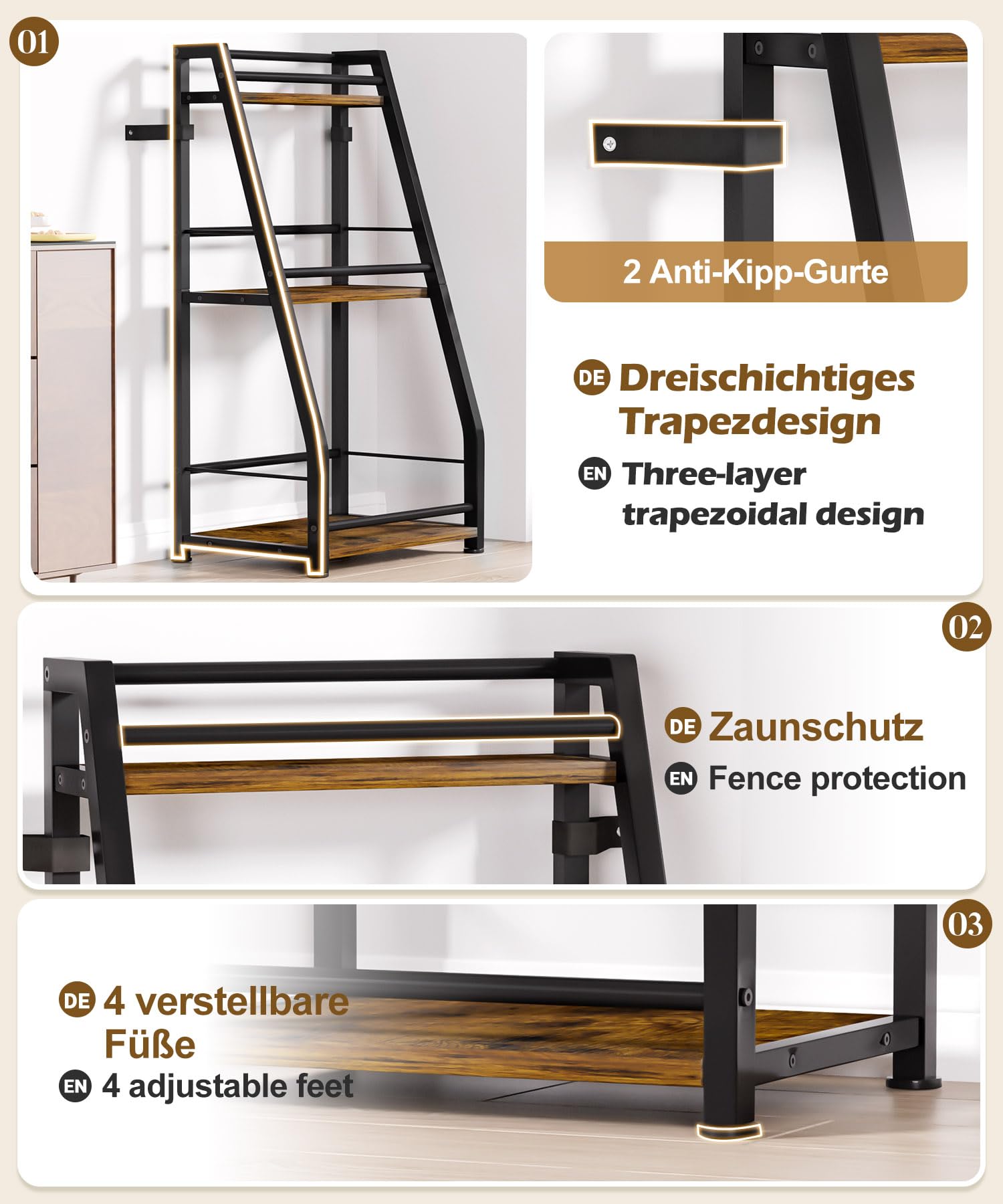 Yorbay 3-Stöckiges Freistehendes Weinregal mit Geländer: Modern Metall-Holz Flaschenregal für Wein und Weingläser - Trapezförmiges Weinflaschenhalter für Bar Küche Esszimmer