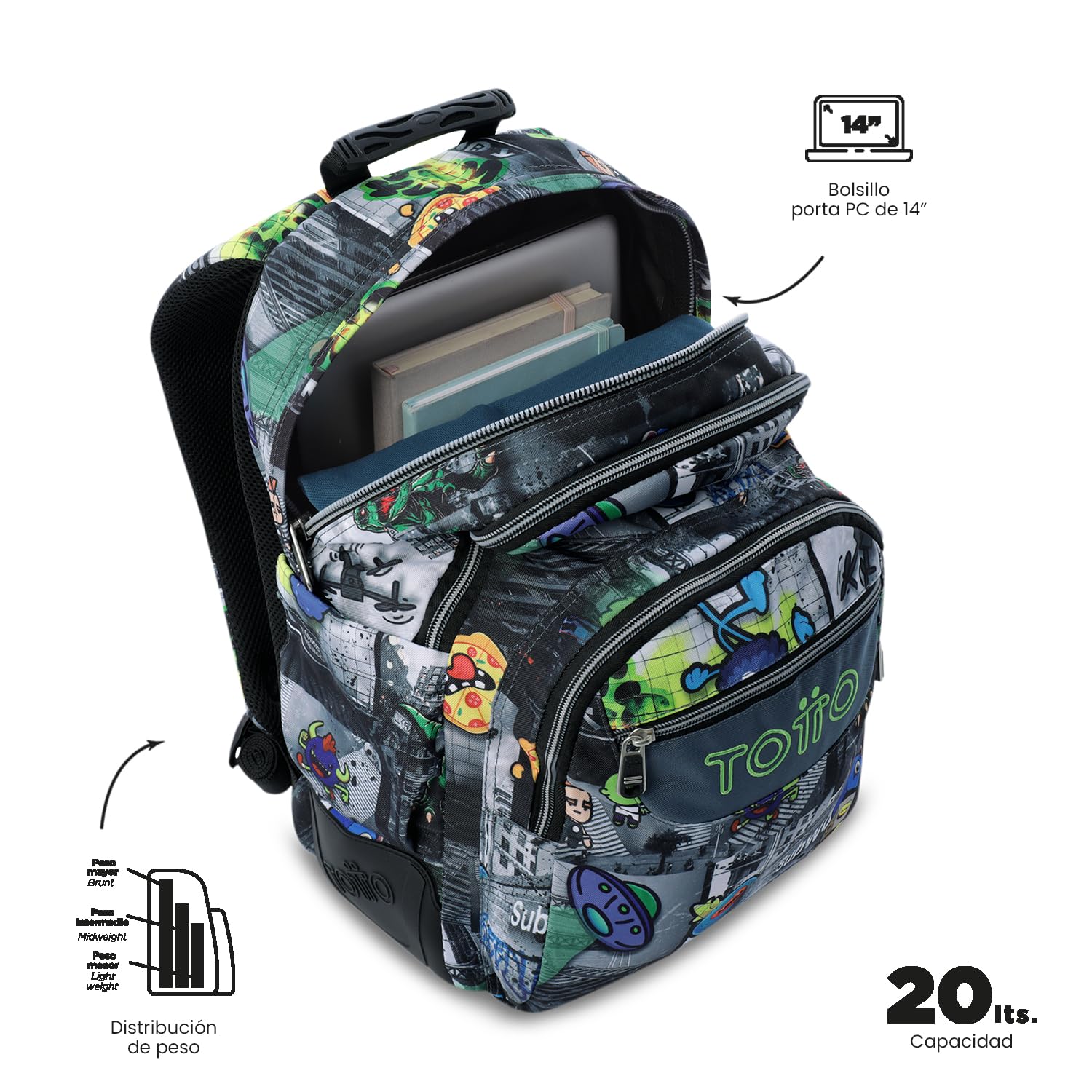 TOTTO - Mochila Escolar Grande, Modelo Rayol, Capacidad 19 L, 3 Compartimentos, 2 Bolsillos Botella, Bolsillo para PC 14", Espaldar Ergonómico con Flujo de Aire, Correas en S, Estampado Rolly Negro