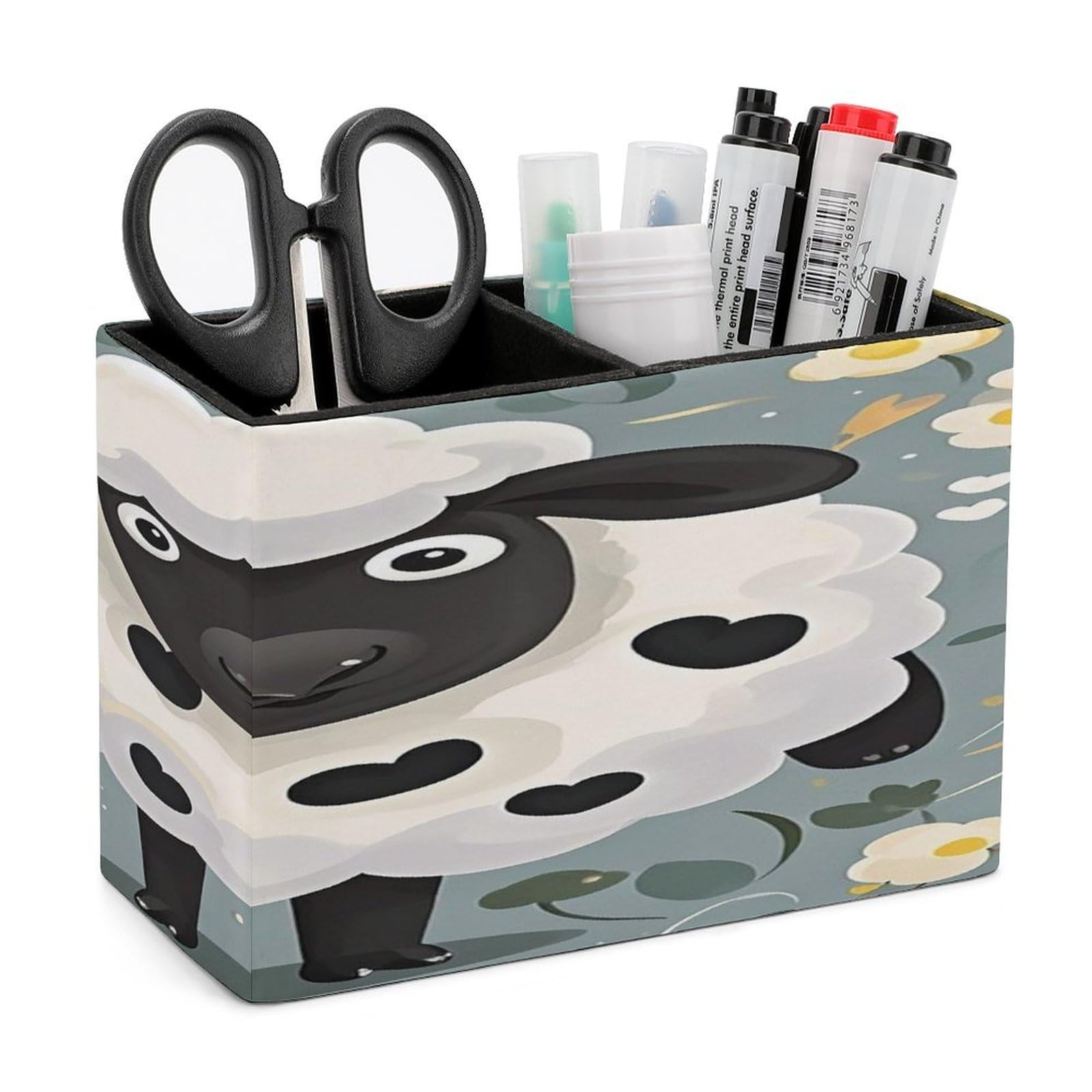 FekiLoot Cartoon Black White Sheep Pen Holders for Desk Small Remote Control Holder Leather Pencil Cup with Double Compartments Desktop Organizer for Table Desk Office Space Saving