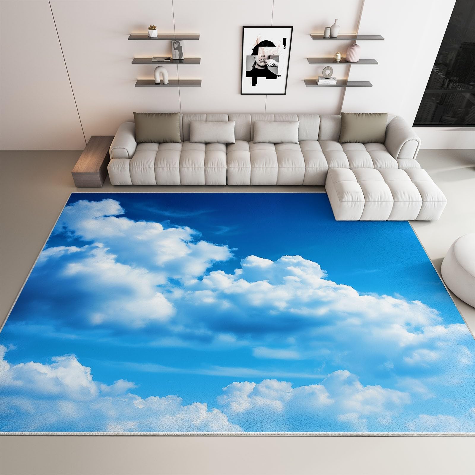 Zmywalny dywanik 140 x 200 cm do pokoju dziecięcego, letnie, błękitne niebo, białe chmury, antypoślizgowy dywan do sypialni, krajobrazu, niski runo, dywan do salonu, jadalni, biura, pokoju gier