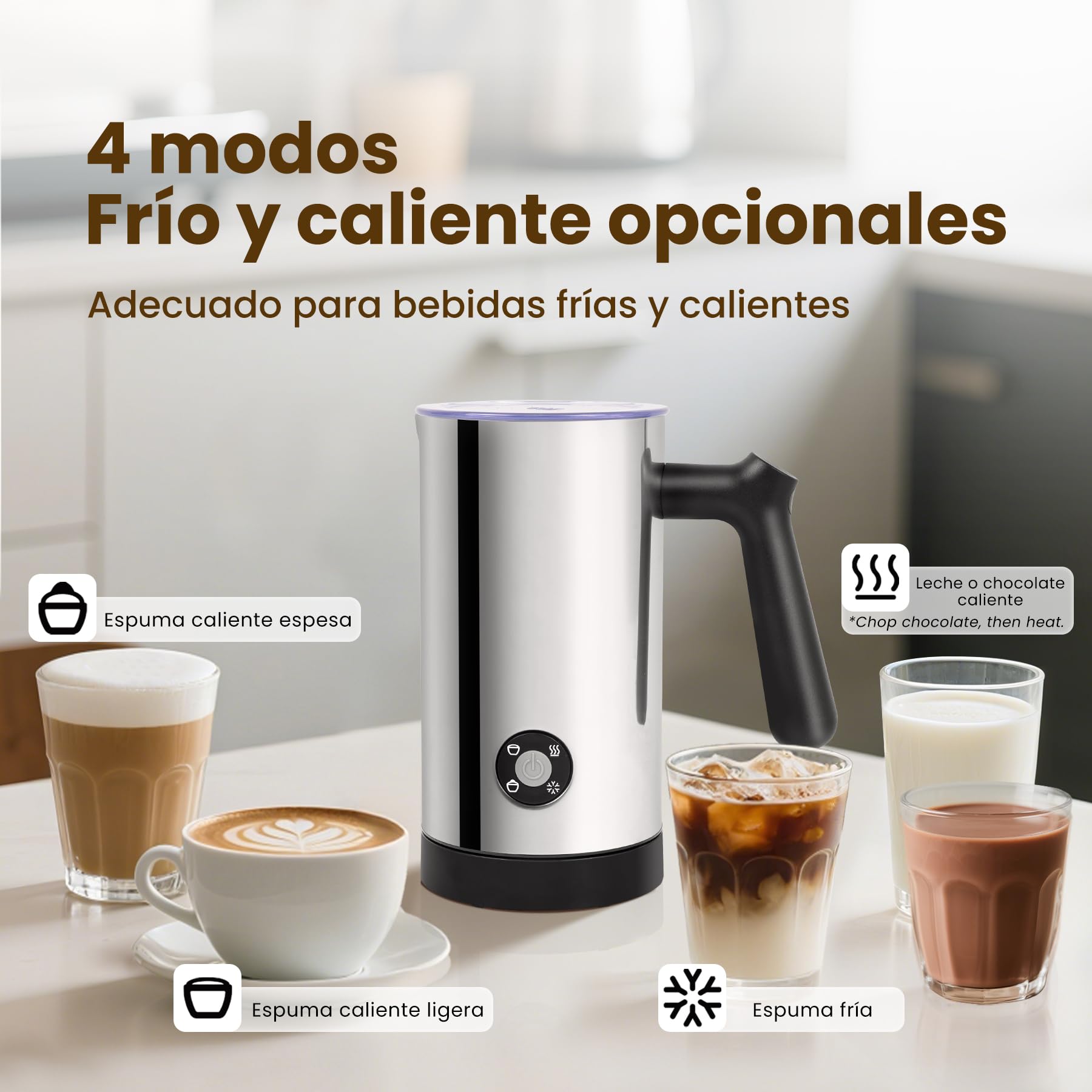 Mousseur à Lait Électrique 4 en 1 avec Chauffe Lait et Mousse Chaude Froide, Commande par Boutons, Carafe en Acier Inoxydable à Nettoyage Facile pour Café Latte Cappuccino