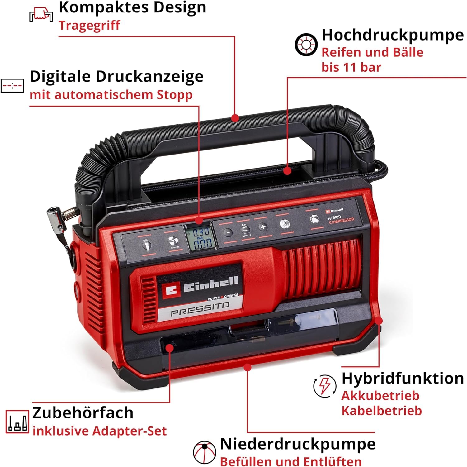 Einhell Hybrid-Kompressor PRESSITO 18/25 Hybrid Power X-Change (18 V, Betrieb mit Stromkabel oder Akku, max. 11 bar, inkl. 4-tlg. Adapter-Set & 2 Schläuchen, ohne Akku)