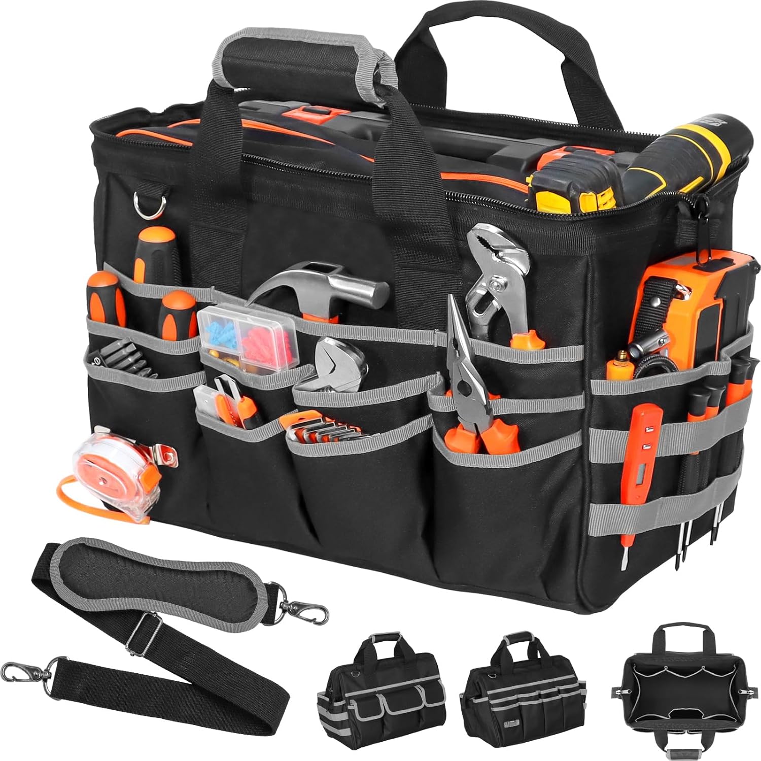 Heavy Duty Tool Bag, 17 Inch Tool Bags for Men with Multi-Pockets, Waterproof Tool Box Organizer Storage Bag with Adjustable Shoulder Strap, Soft Handle, Durable Zipper for Men, Dad (Black-Grey)
