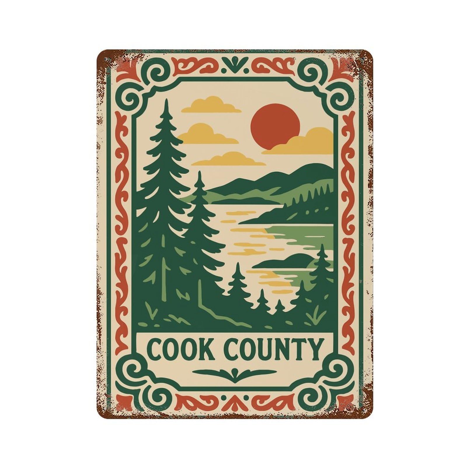 Distressed Metal Wall Sign Cook County Landscape Illustration 15.7"x11.8", Old School Wall Decor for Bistro, Counter And Cafe Decor