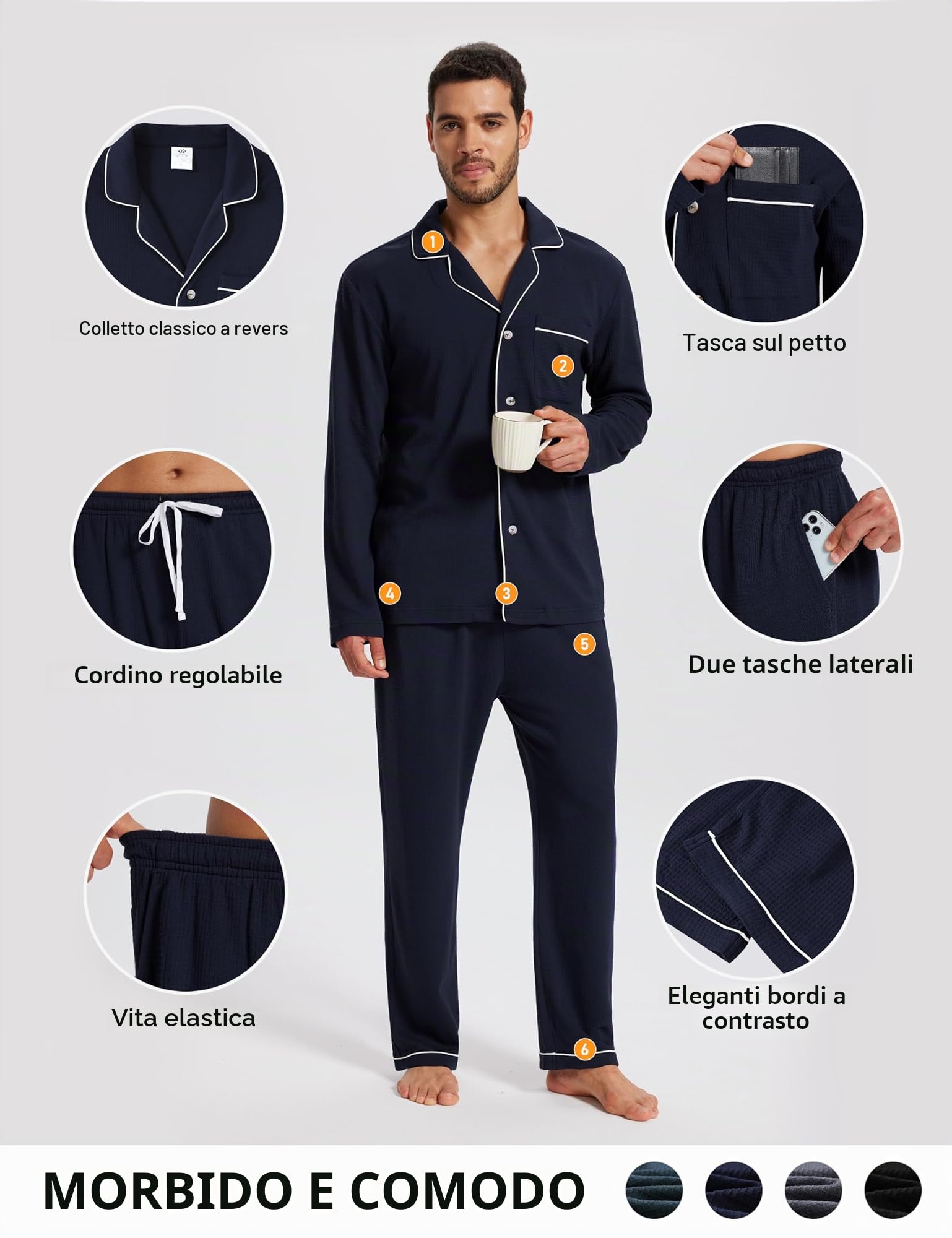 MoFiz Pigiama Uomo Cotone Modal Lungo Pigiami Due Pezzi Invernale Manica Lunga Pigiama Aperto Davanti Bottoni Morbido ed Elegante Abbigliamento da Notte Casa M-4XL