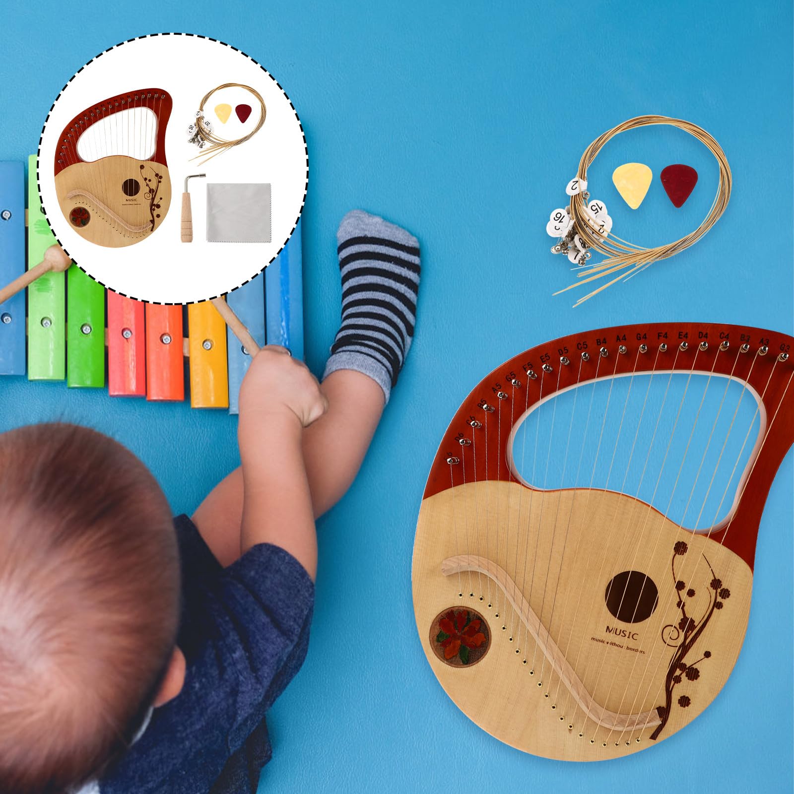 Tragbare Harfe mit 21 Saiten aus Synthetischem Material Stabiles Klangbild und Austauschbare Saiten Inklusive Stimmstab und Reinigungstuch für Kinder