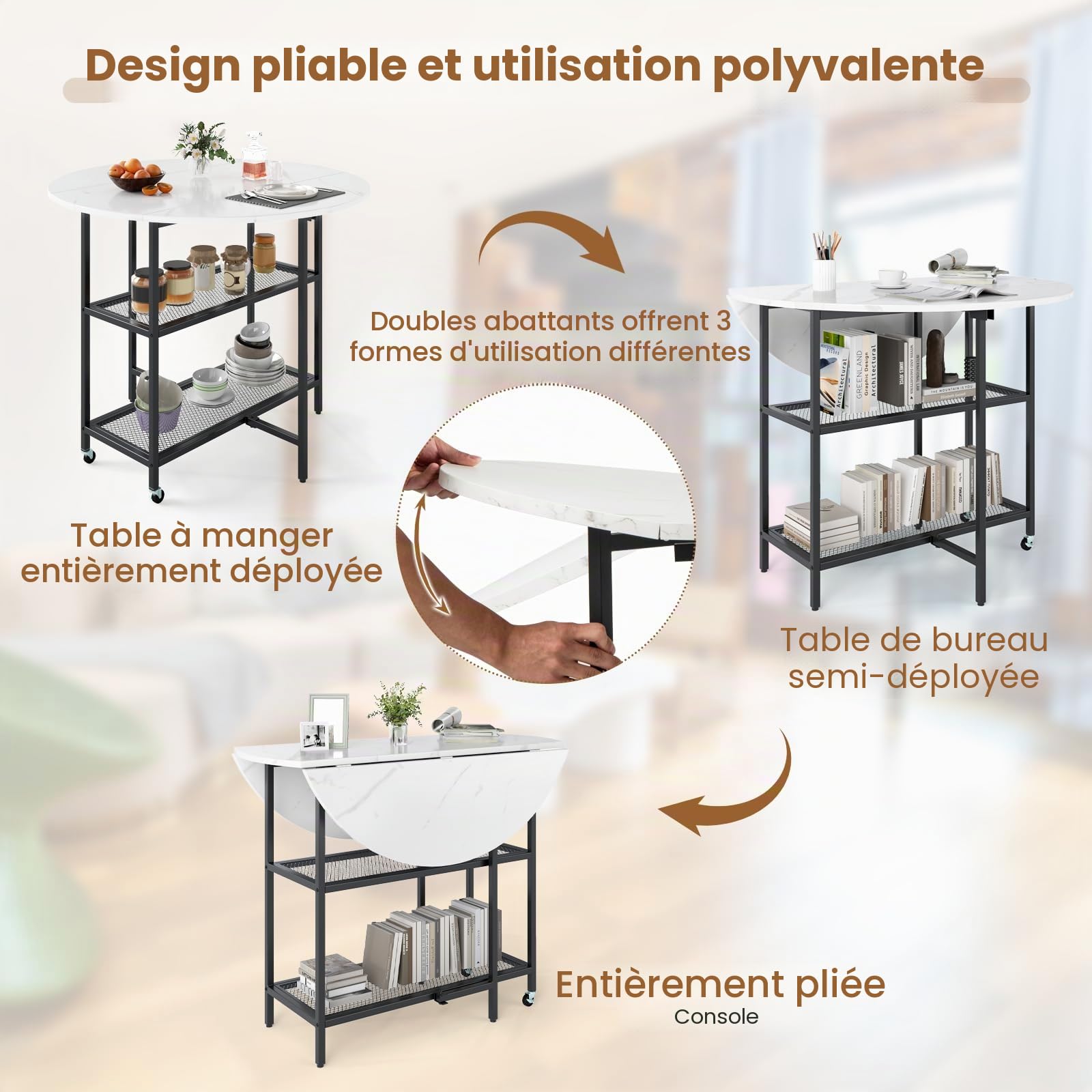 COSTWAY Table Pliante Cuisine Ronde, Table a Manger Extensible sur roulettes pour 2-4 Personnes, 2 Etagères, 2 Rallonges Rabattables, Gain de Place, pour Petite Espace, 42-100 x 100 x 80 cm (Blanc)