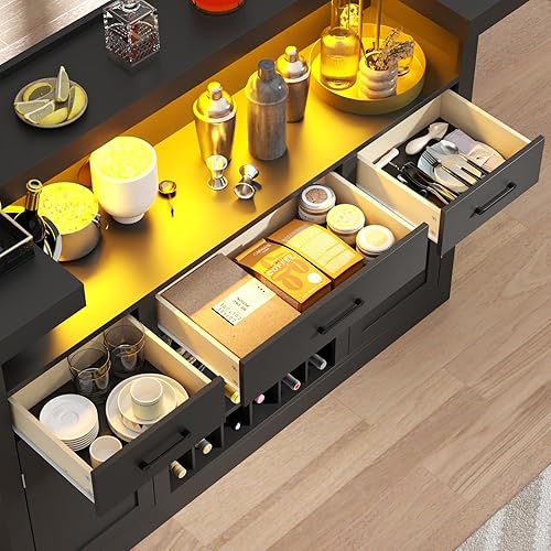 Miniatura 5 de Loomie Armario de mesa de bar con LED y 3 cajones, barra de licor con estantes de almacenamiento ajustables y soportes para vasos, mostrador en