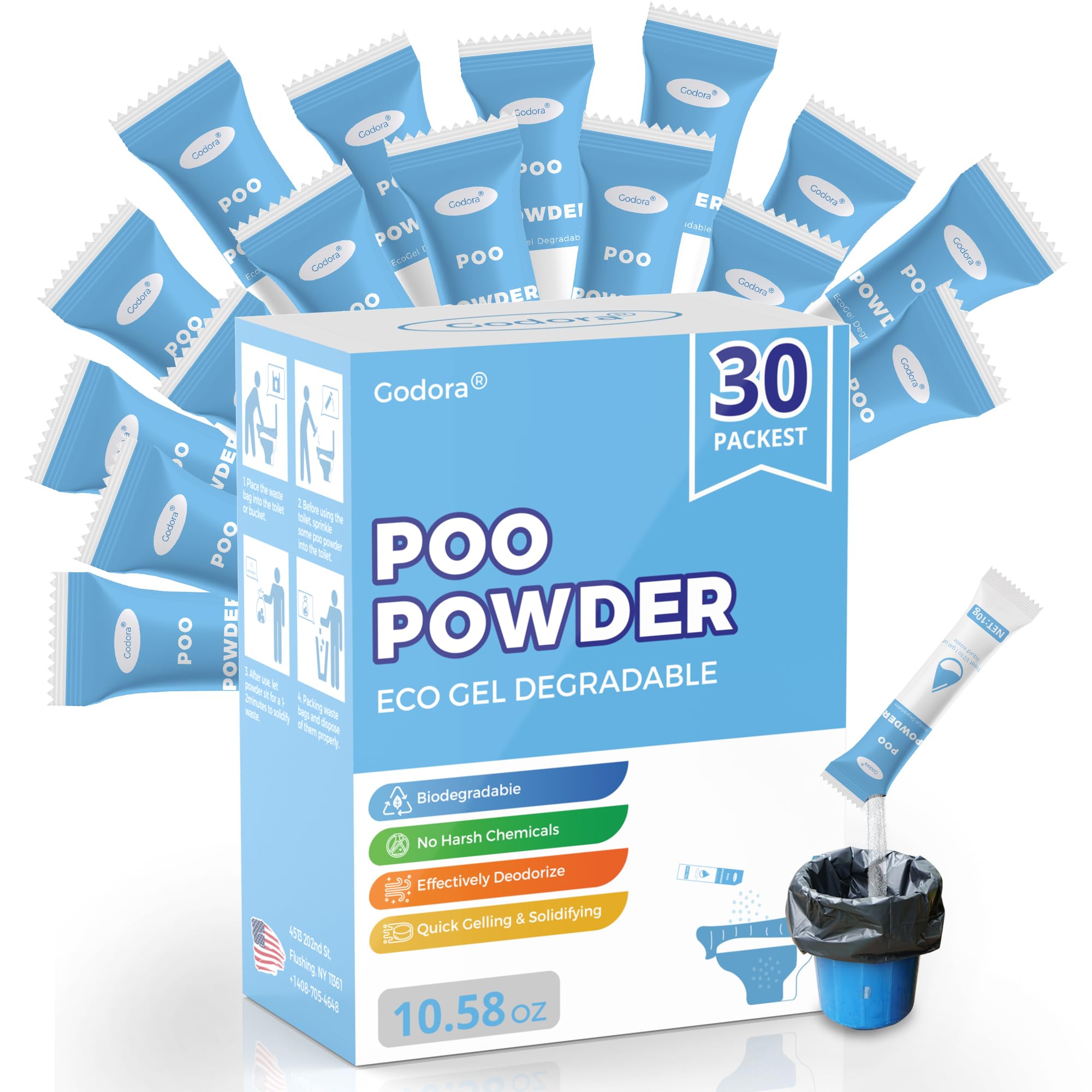 Godora 30 Packs ECO-Friendly Portable Toilet Poo Urine Gel Powder, Portable & Fast-Absorbing Camping Toilet Gel, Rapidly Biodegradable Eco Poo Urine Gel, Outdoor Portable Bedpans & Emergencies