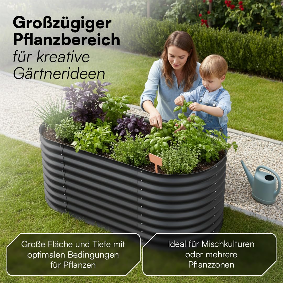 STEELSØN Hydra Hochbeet Metall – ovaler Pflanzenkasten 160x80x80 cm – Gemüsebeet Anthrazit – Beet für Garten & Balkon – Pflanzenbeet aus verzinktem Stahl – Kräuterbeet – Gartenbeet mit Kantenschutz