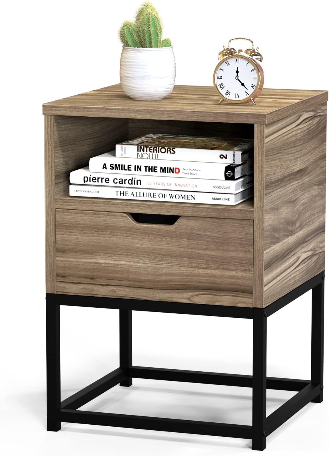 YILQQPERNightstand with Drawer Wood End Table Night Stand with Open Storage Shelf & Solid Steel Legs, Mid-Century Modern Bedside Table for Bedroom, Living Room, Office, Easy Assembly (Walnut Brown)