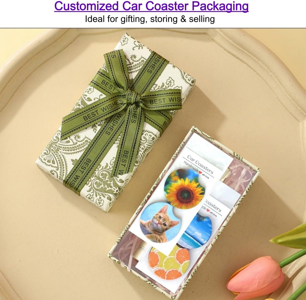 50 Sets Sublimation Car Coaster Packaging, White Cards & Clear Hanging Bags