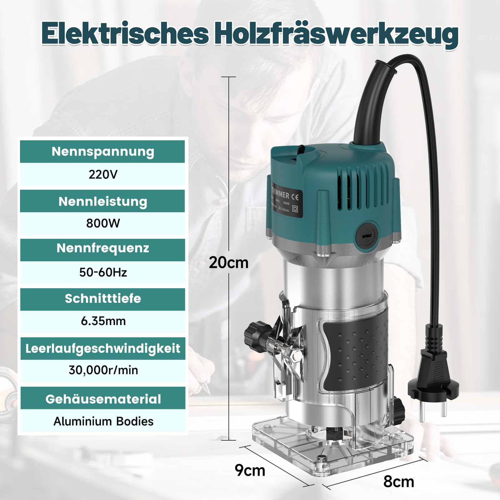 Yofuly 800W Oberfräse Holzfräse, 220V Einhandfräse Oberfräsen Trimmer 30000r/min 6.35mm Spannzangen mit 15 Pcs 1/4" Fräser Set, kantenfräse mit Tragetasche