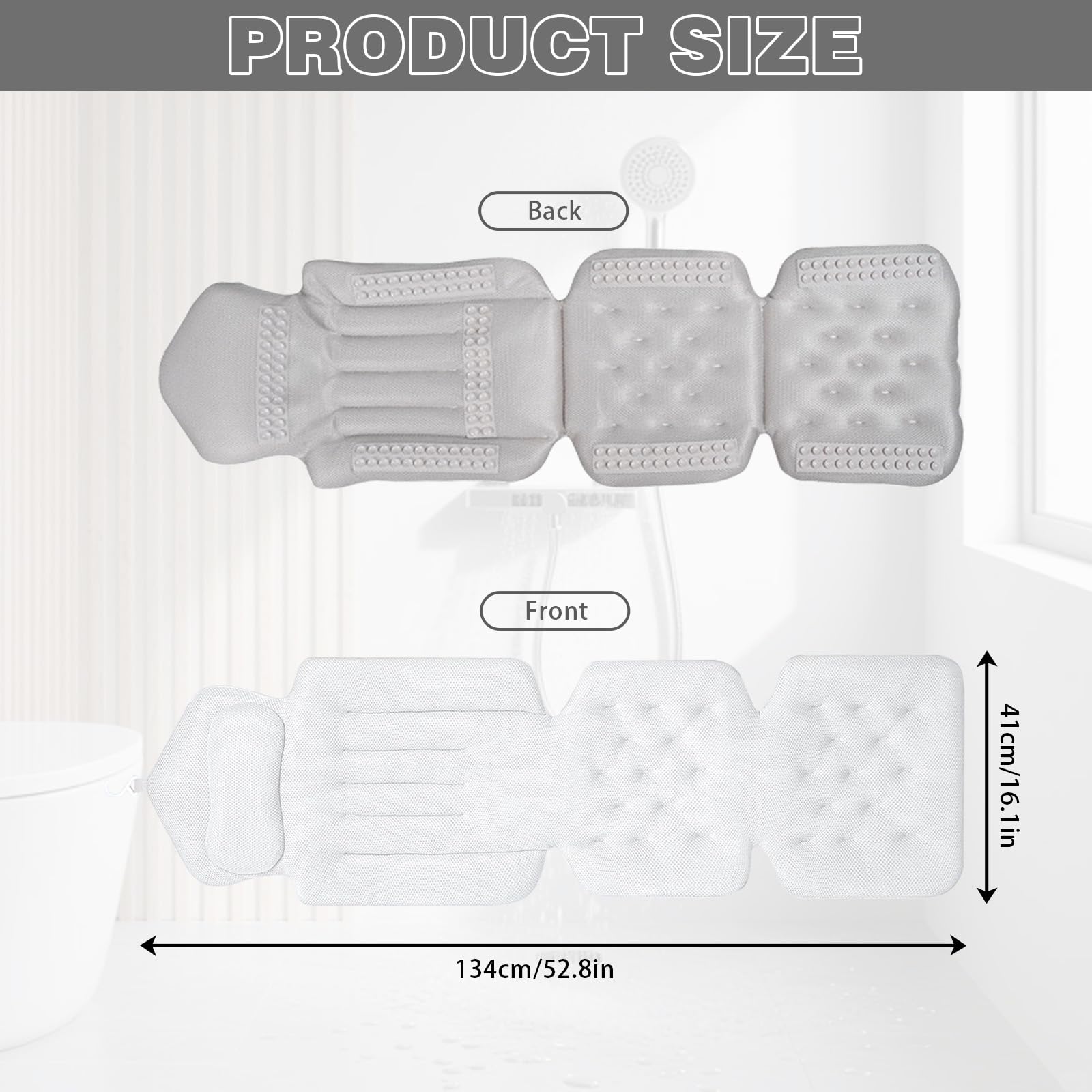 Badewannenkissen Ganzkörper 134×41 cm, Dickes Luxus-Badekissen mit Kopfstütze & Lendenstütze, Schnelltrocknendes Hautfreundliches Kissen für Nacken- & Schulterentlastung