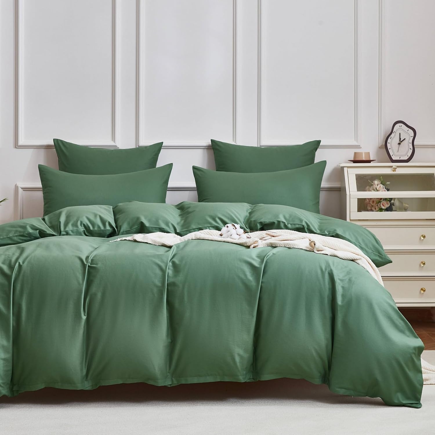 Deep Muted Sage Cotton Duvet Cover Set Queen Size, 100% Combed Cotton Percale Bedding, Soft Breathable Plain Weave Comforter Cover with 2 Pillowcases, Minimalist Neutral Bedroom Decor for All Season