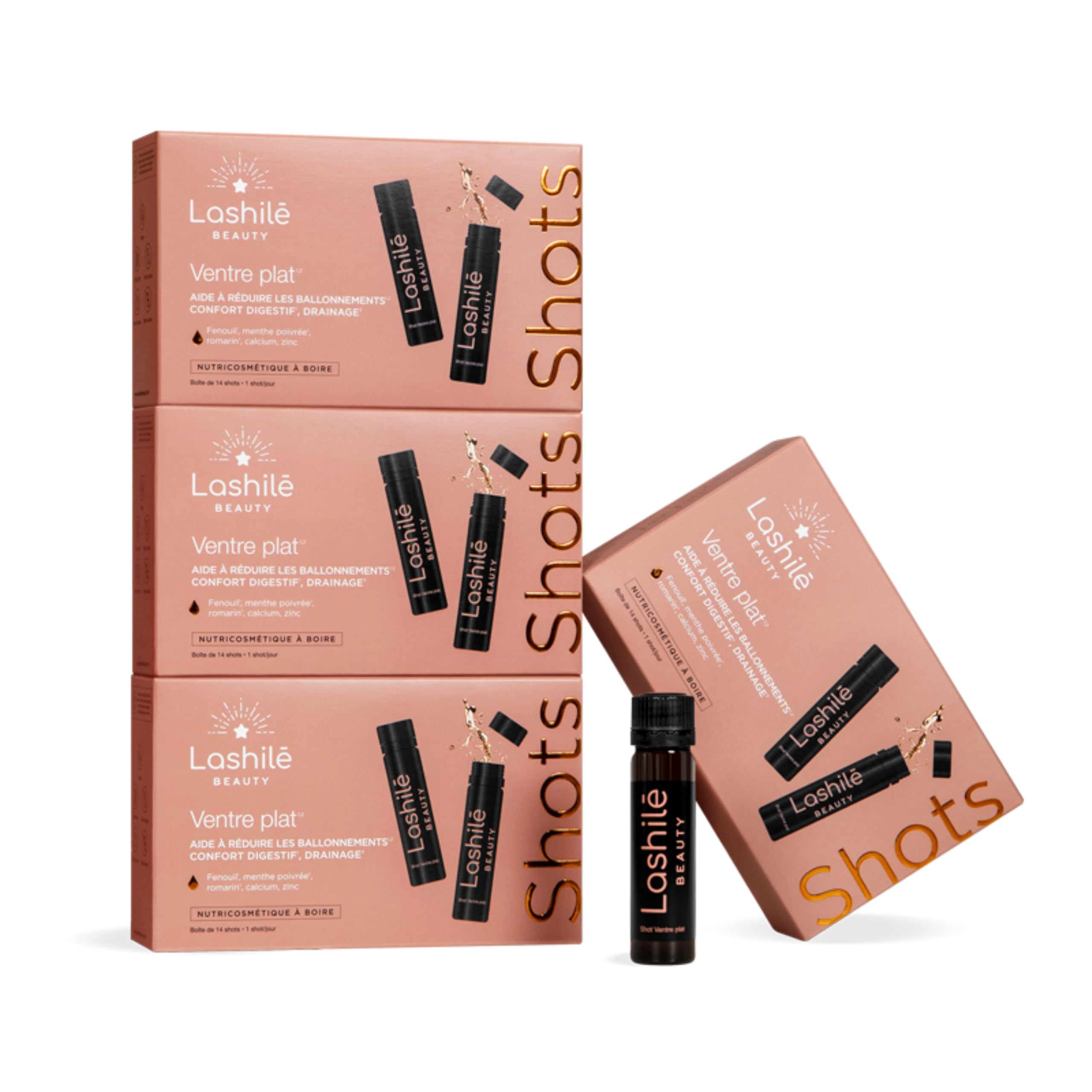 Lashilé Beauty - Complément Alimentaire - Soulager les inconforts digestifs - Shots Ventre plat - Fenouil menthe poivrée romarin calcium zinc - Made in France - Programme 1 Mois