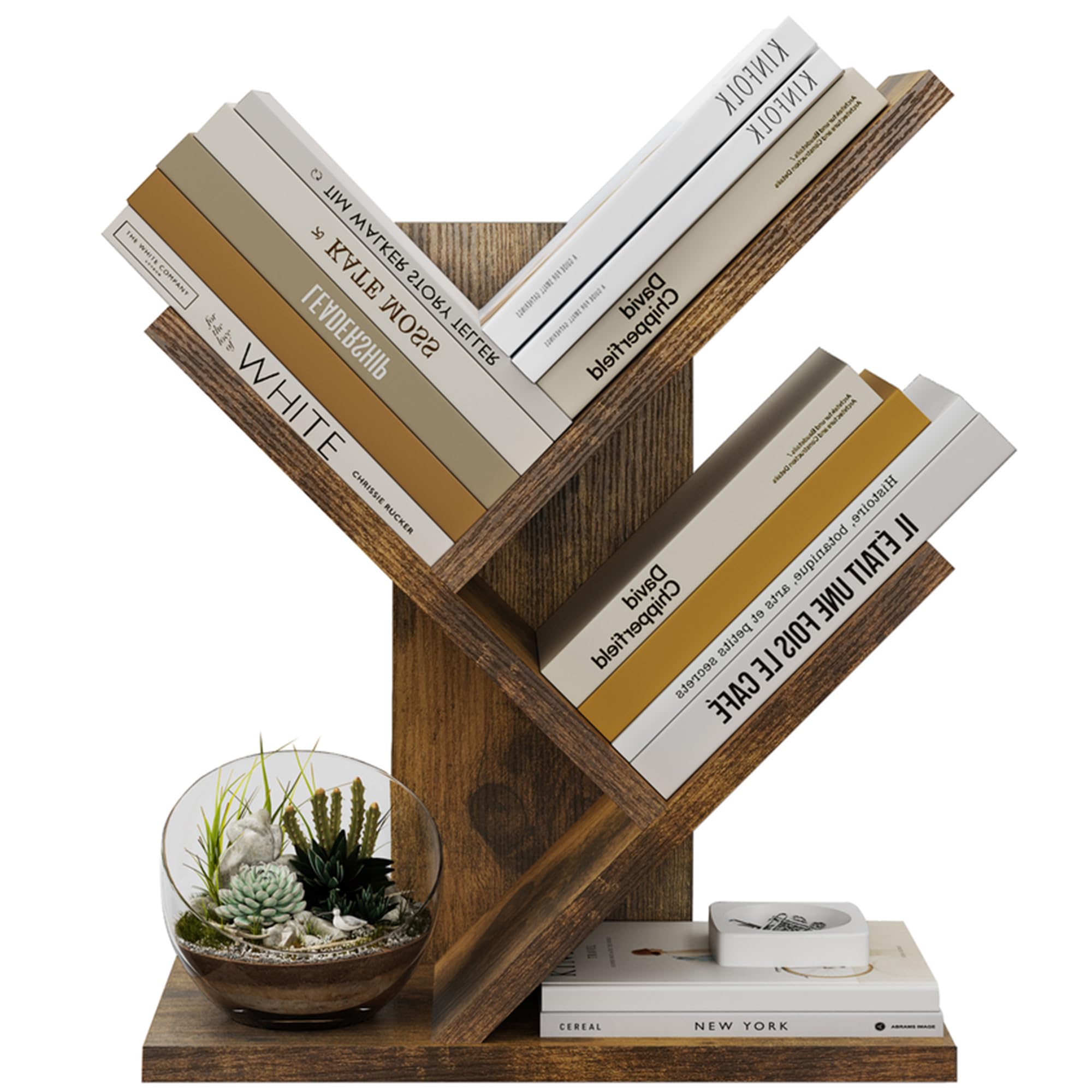 Tajsoon Tree Bookshelf 3 Tier Book Shelves Storage Organizer, Desktop Bookshelf Floor Standing Bookcase Display for Magazine/Books, Small Tree Bookshelf for Bedroom, Living Room Office, Rustic Brown