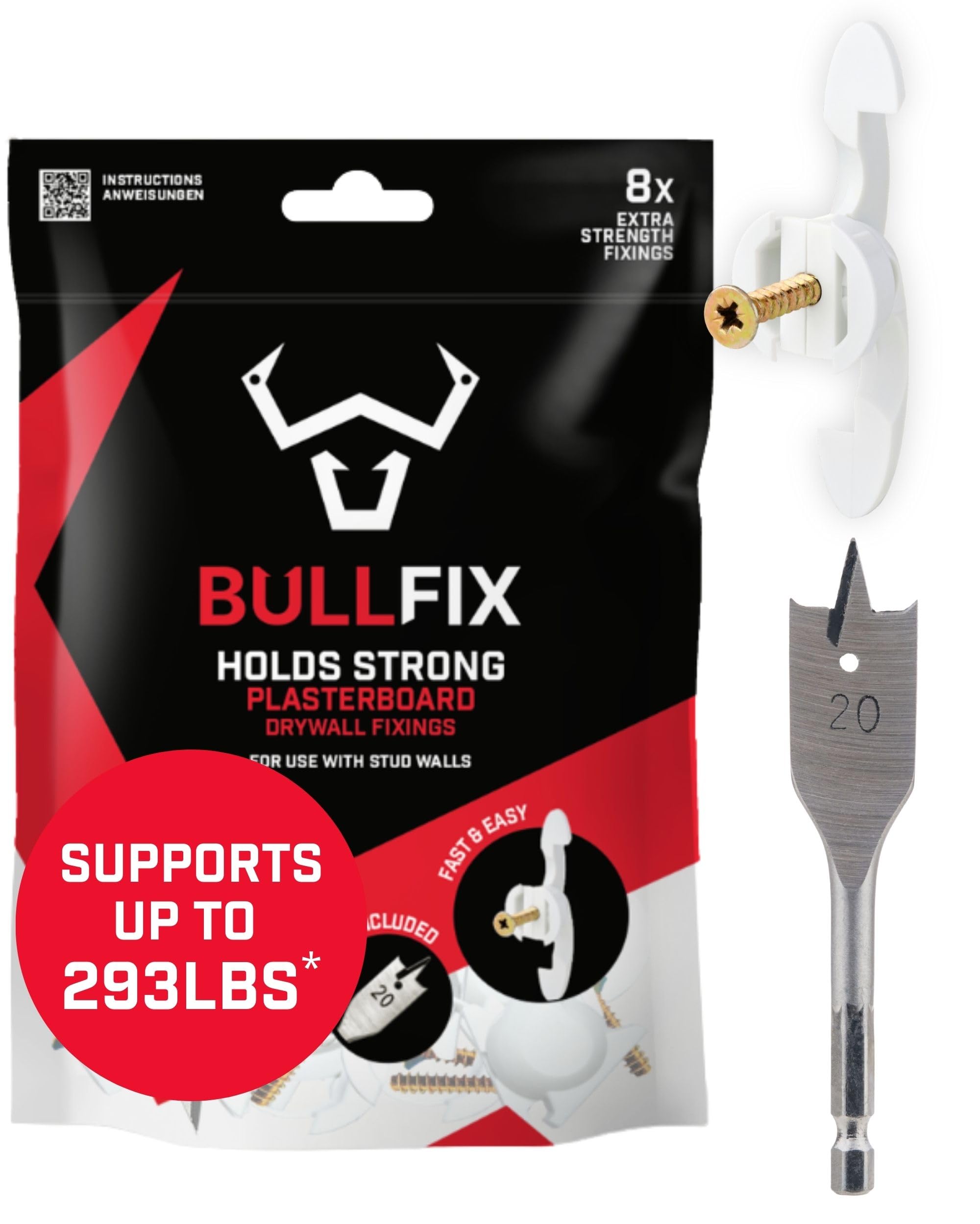 Bullfix Extra Heavy Duty Drywall Anchors, Holds up to 293lbs, Hollow Wall Anchor Mount Set with Screws Included, Stronger Than Toggle Bolts and Butterfly Screw - Patented Design - Starter Pack