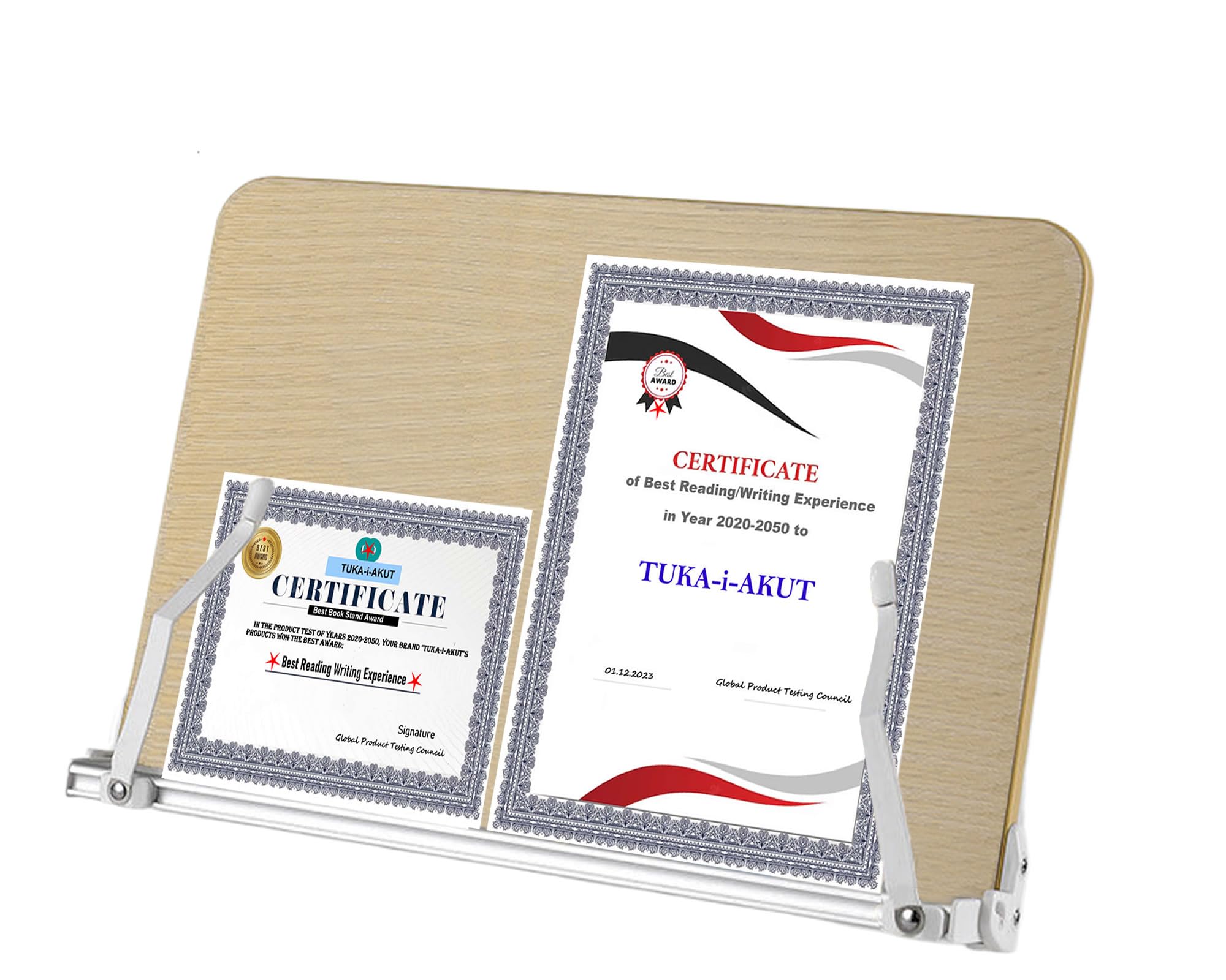 TUKA-i-AKUT Soporte de Libros de Aluminio y Madera de Roble, Ángulos Ajustable 12 Posiciones, Soporte para Lectura y Comodidad Escritura, Atril para Libros Tableta Portátil 41x28cm TKD8062-L
