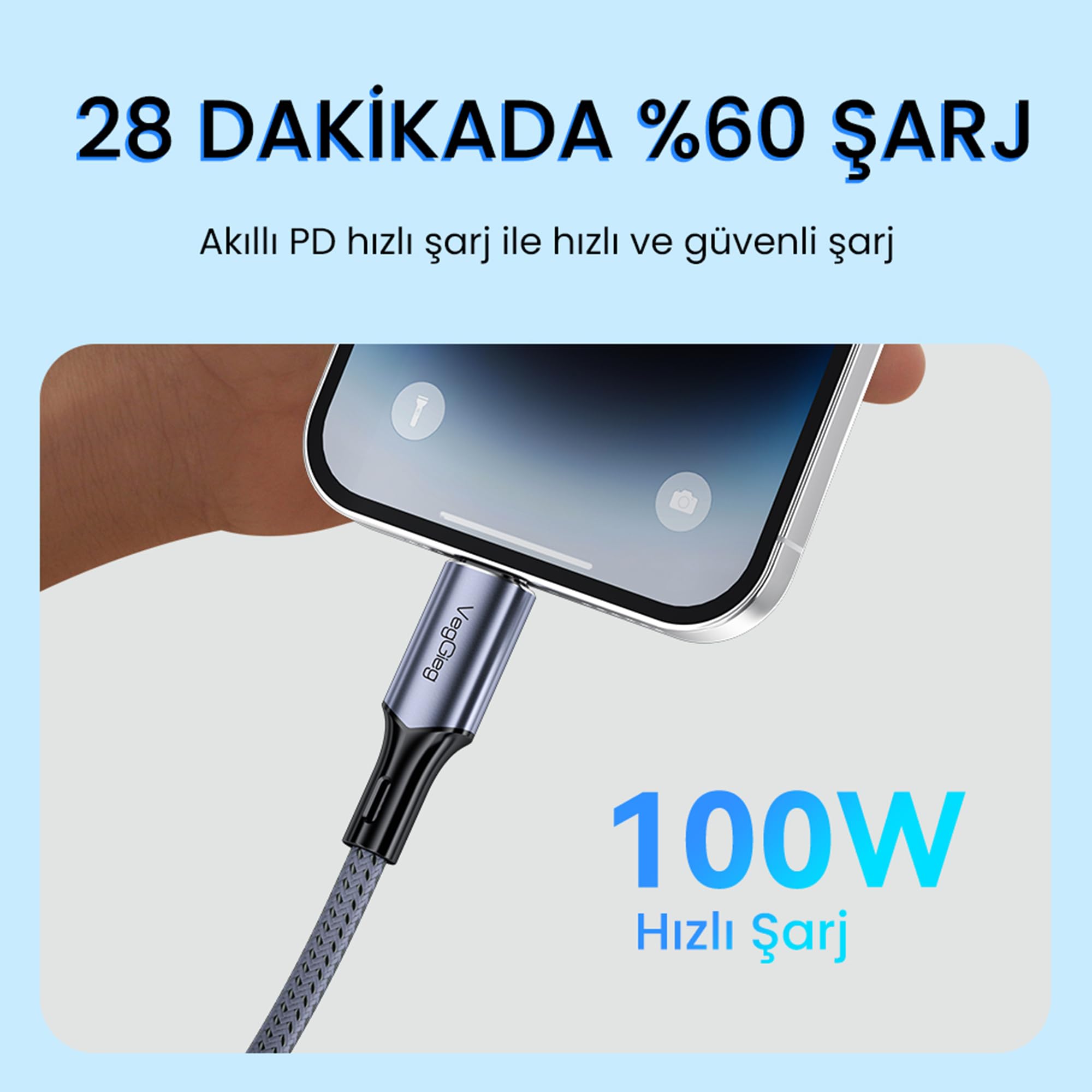 Veggieg 100W 5A E-Mark Çipli PD Type-C to Type-C Hızlı Şarj ve Data Kablosu 1.2 Metre