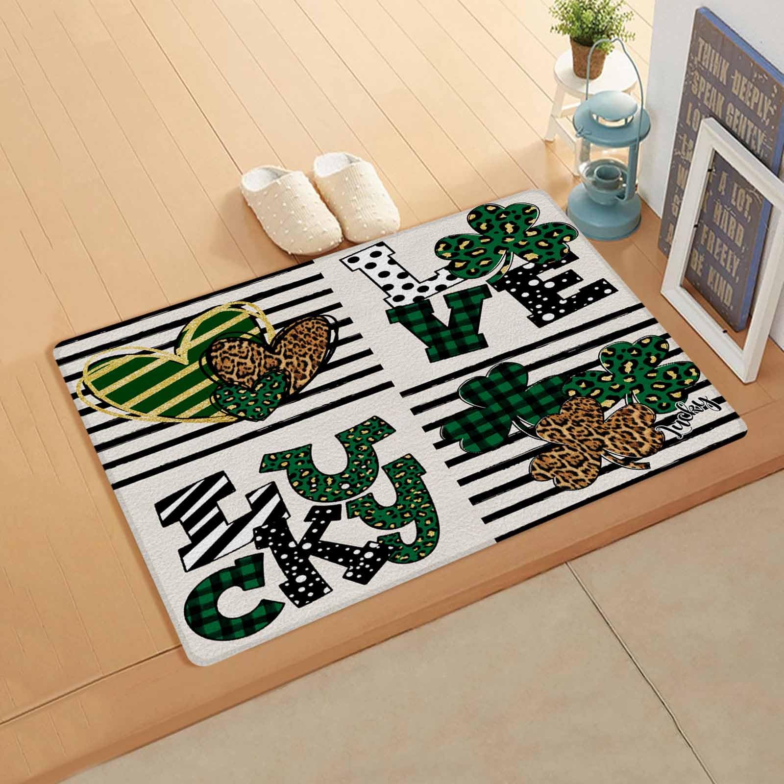 St. Patrick's Day Kitchen Bath Door Mat Cushioned Runner Rug,Washable Welcome Floor Sink Antifatigue Mat,Waterproof & Non-Slip Comfort Standing Doormat,Vintage Black Striped Love Plaid Leopard 24