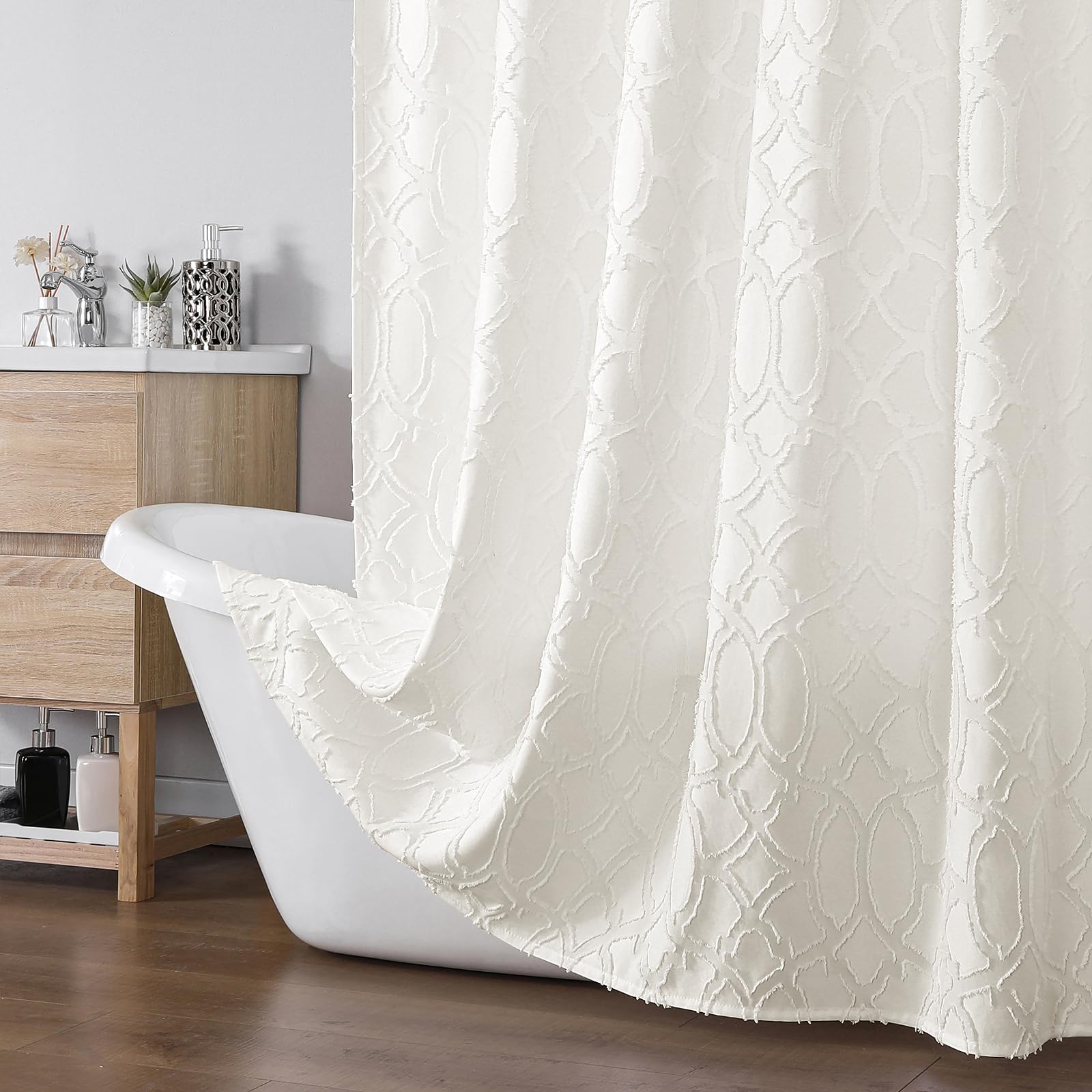 Simplebrand Beige Shower Curtains for Bathroom 72x72 Inches, Jacquard Geometric Fabric Shower Curtains, Boho Hotel Spa Luxury Bath Shower Curtain Set,