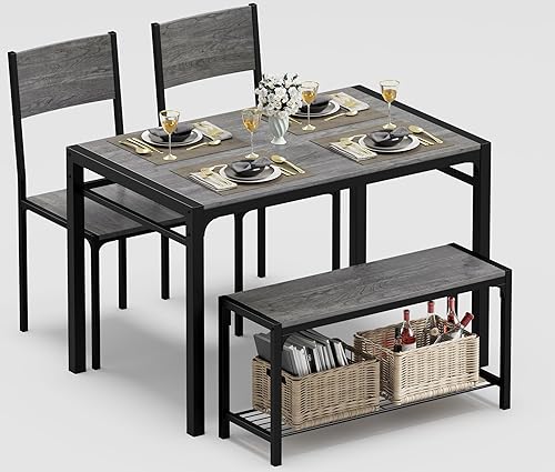 JUMMICO Juego de mesa de comedor de 43.3 pulgadas para 4, mesa de cocina con banco y 2 sillas, moderno marco de metal rectangular, juego de muebles