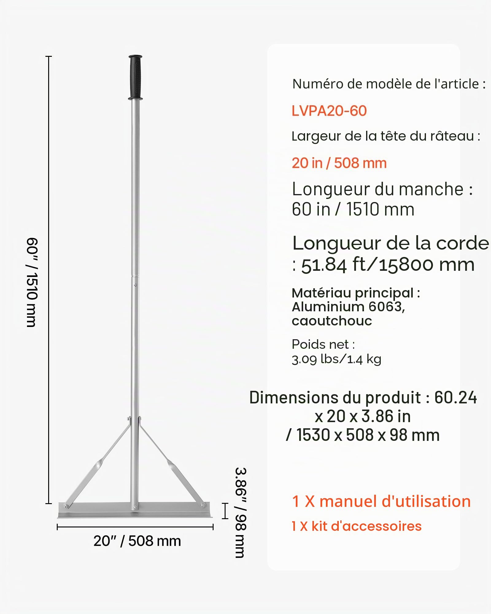 VEVOR Râteau Paysager, Manche 1510 mm, Râteau de Jardin avec Tête Large 508 mm, Niveleur à Asphalte en Aluminium Robuste, pour Nivellement Terrain, Pavage de Béton, Aplanissement de Sable, sans Dents