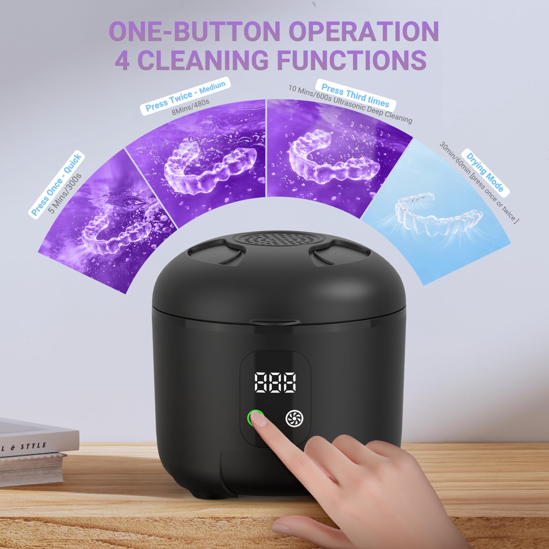 2026 - Pulitore ad ultrasuoni per protesi da 25 W, portatile, multi-modalità, 45 kHz, con asciugatura e interno rimovibile, per vassoi dentali, bretelle, gioielli, spazzolini da denti, paradenti